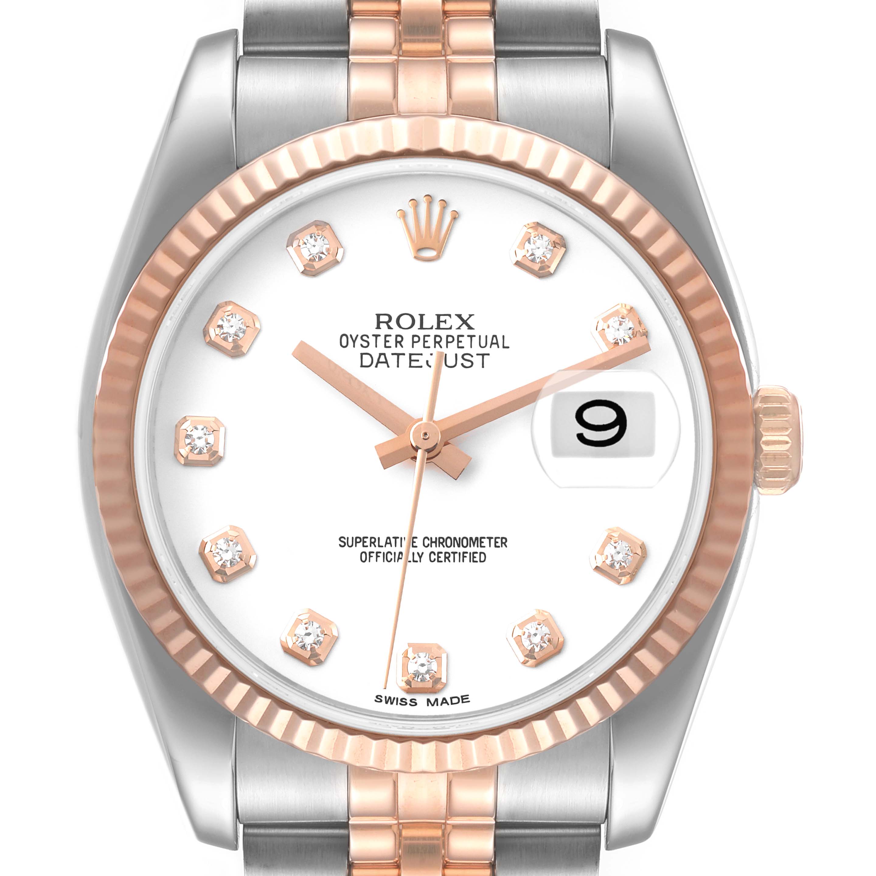 The image shows a frontal view of a Rolex Datejust 116231 Men's Steel and Gold (two tone) White Dial 116231 Men's Steel and Gold (two tone) White Dial watch, highlighting the dial, hands, date window, and part of the bracelet.