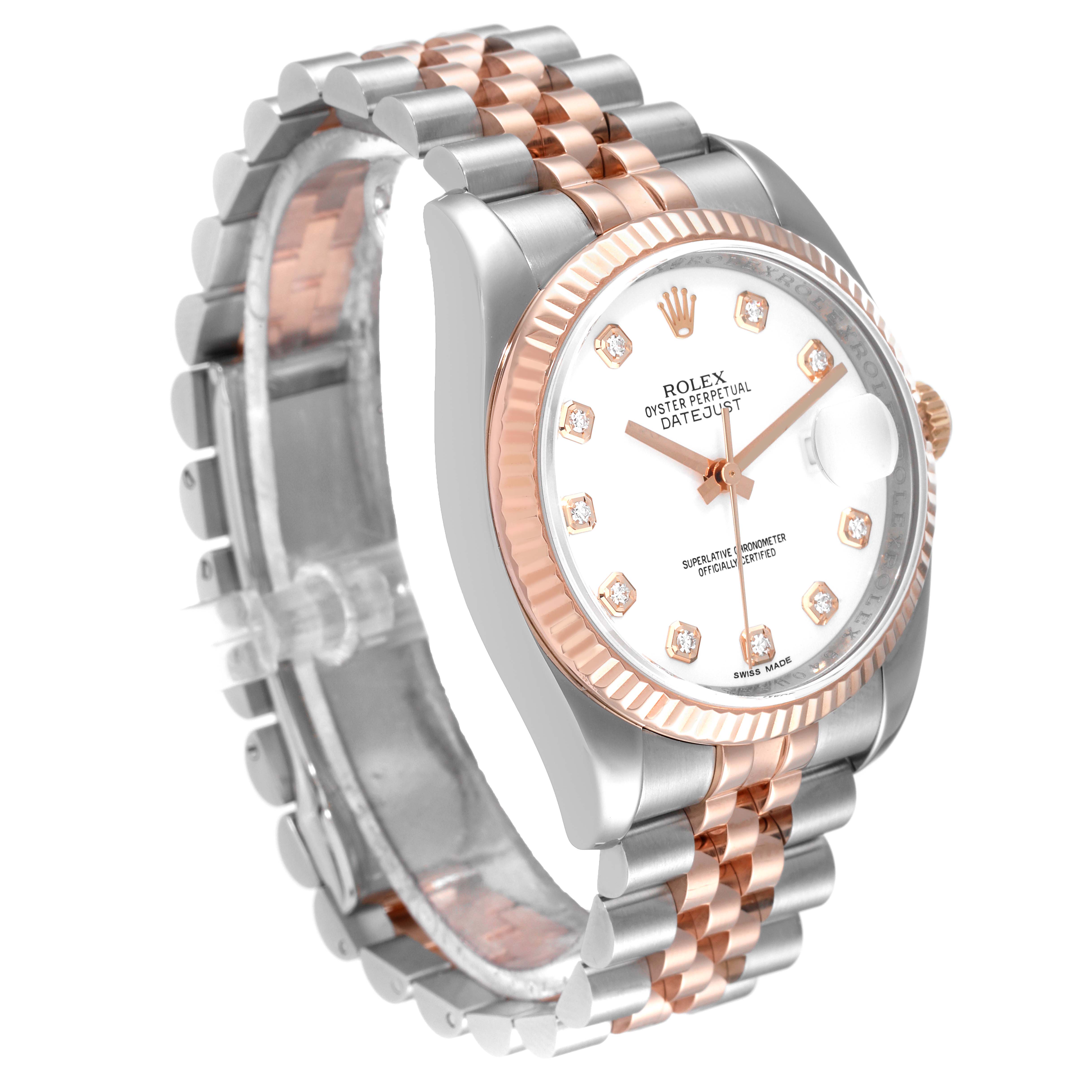 The Rolex Datejust 116231 Men's Steel and Gold (two tone) White Dial 116231 Men's Steel and Gold (two tone) White Dial model watch is shown from a three-quarter angle, highlighting its diamond dial, fluted bezel, and two-tone bracelet.