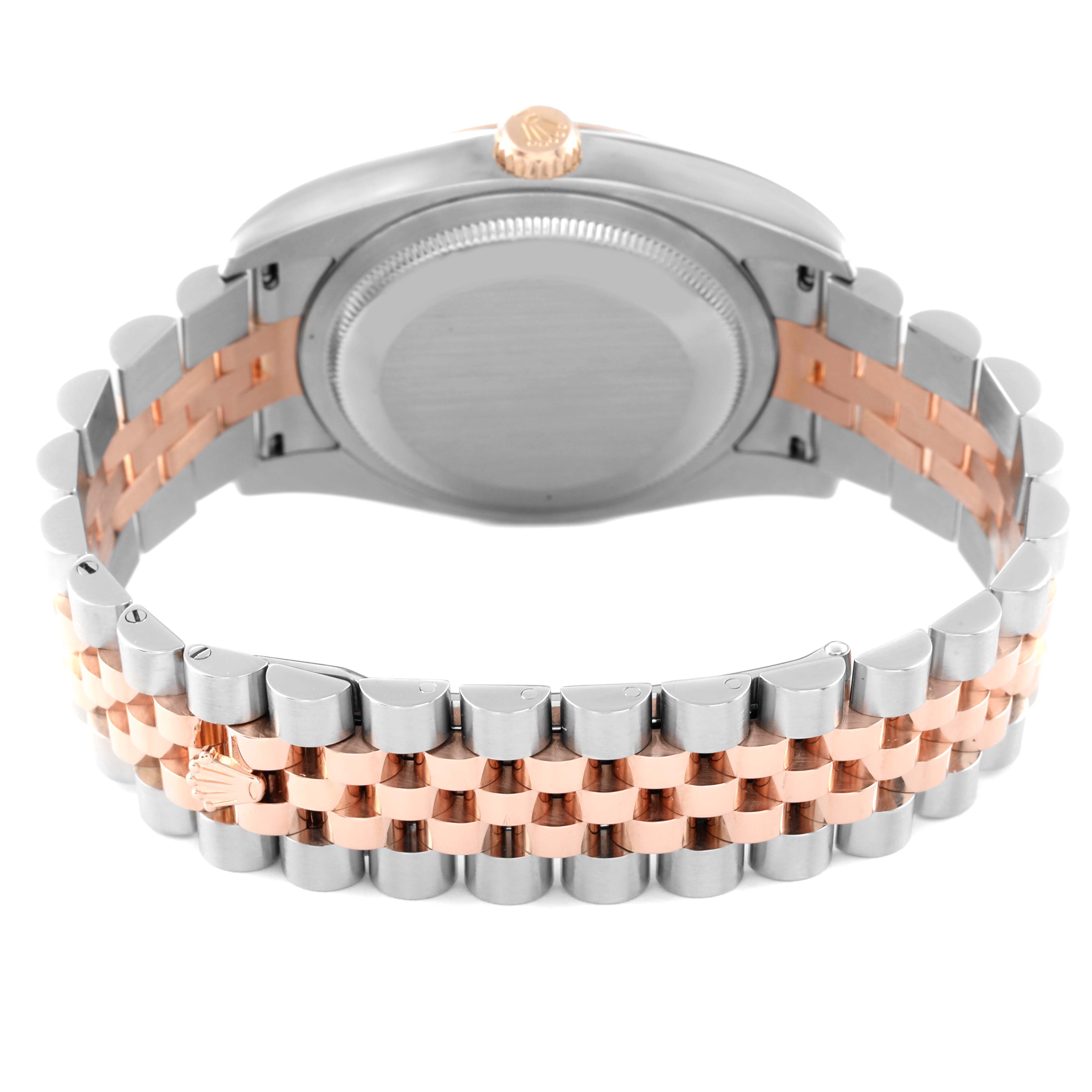 This image shows the back of the Rolex Datejust 116231 Men's Steel and Gold (two tone) White Dial 116231 Men's Steel and Gold (two tone) White Dial watch, including the case and the two-tone bracelet.