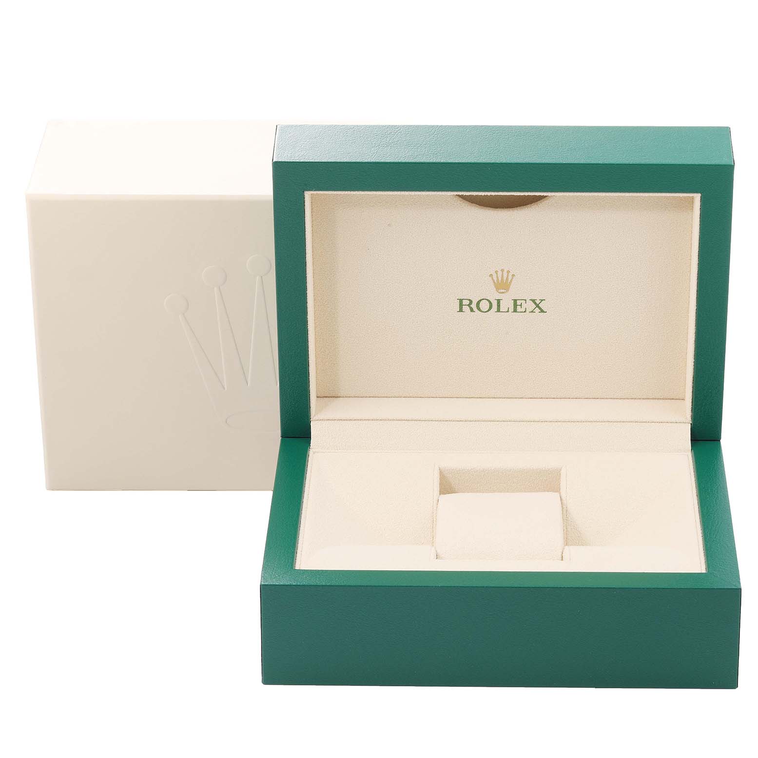 The image shows an open green and beige Rolex Datejust 116231 Men's Steel and Gold (two tone) White Dial 116231 Men's Steel and Gold (two tone) White Dial watch box with the logo visible on the interior.