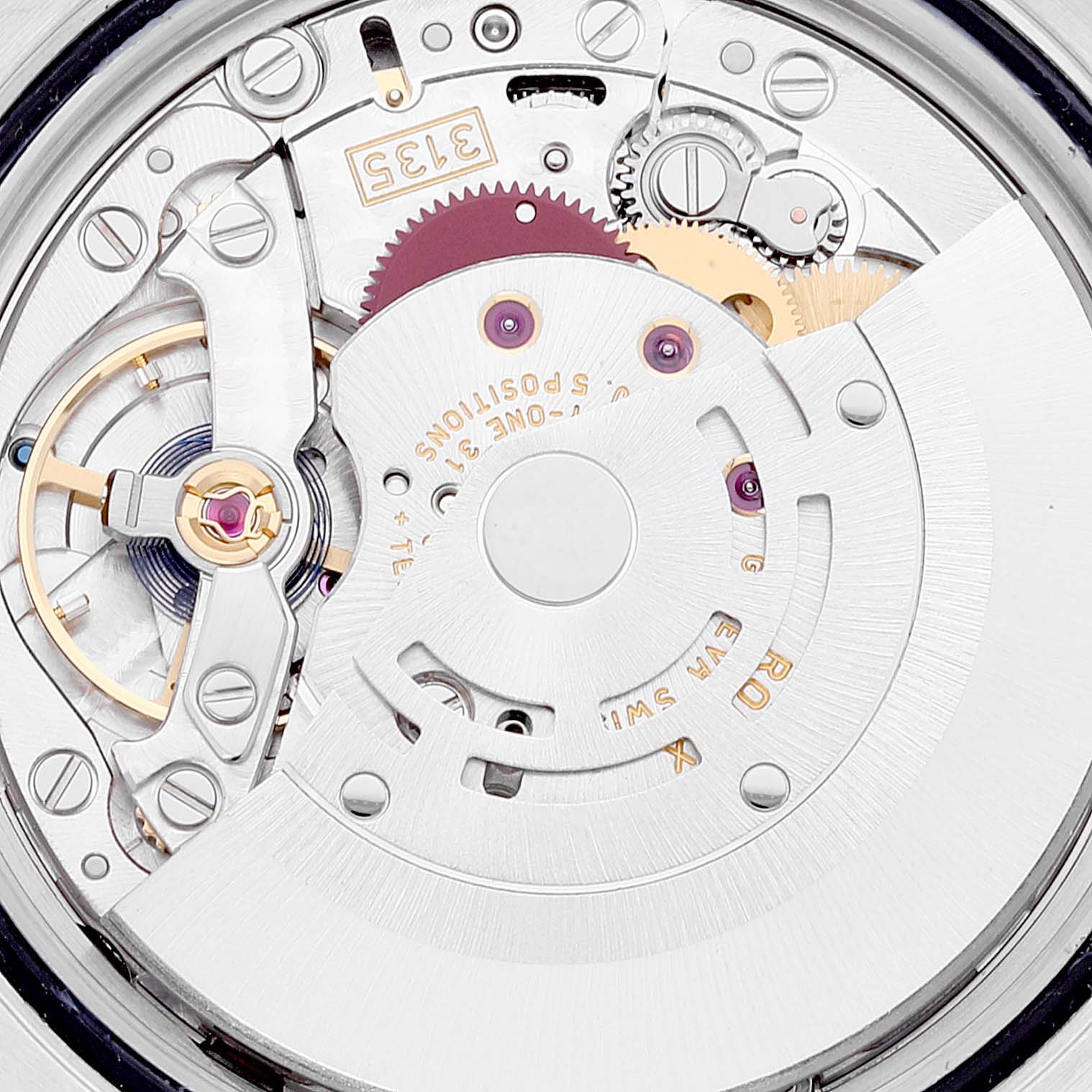 The image shows the intricate inner mechanism of the Rolex Datejust 116231 Men's Steel and Gold (two tone) White Dial 116231 Men's Steel and Gold (two tone) White Dial watch movement from a top-down angle.