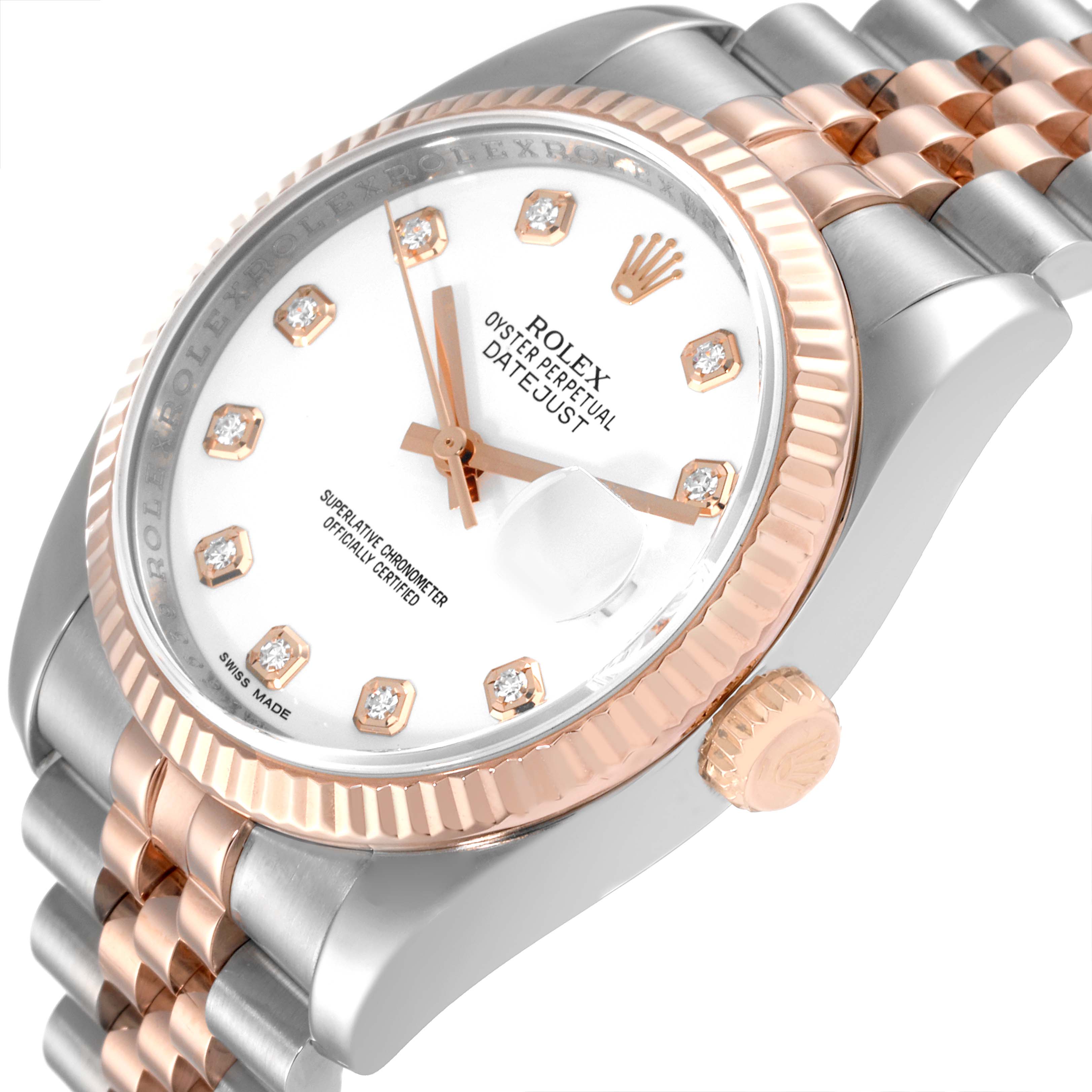 This image shows a Rolex Datejust 116231 Men's Steel and Gold (two tone) White Dial 116231 Men's Steel and Gold (two tone) White Dial watch from an angled perspective, highlighting the face, bezel, crown, and part of the bracelet.