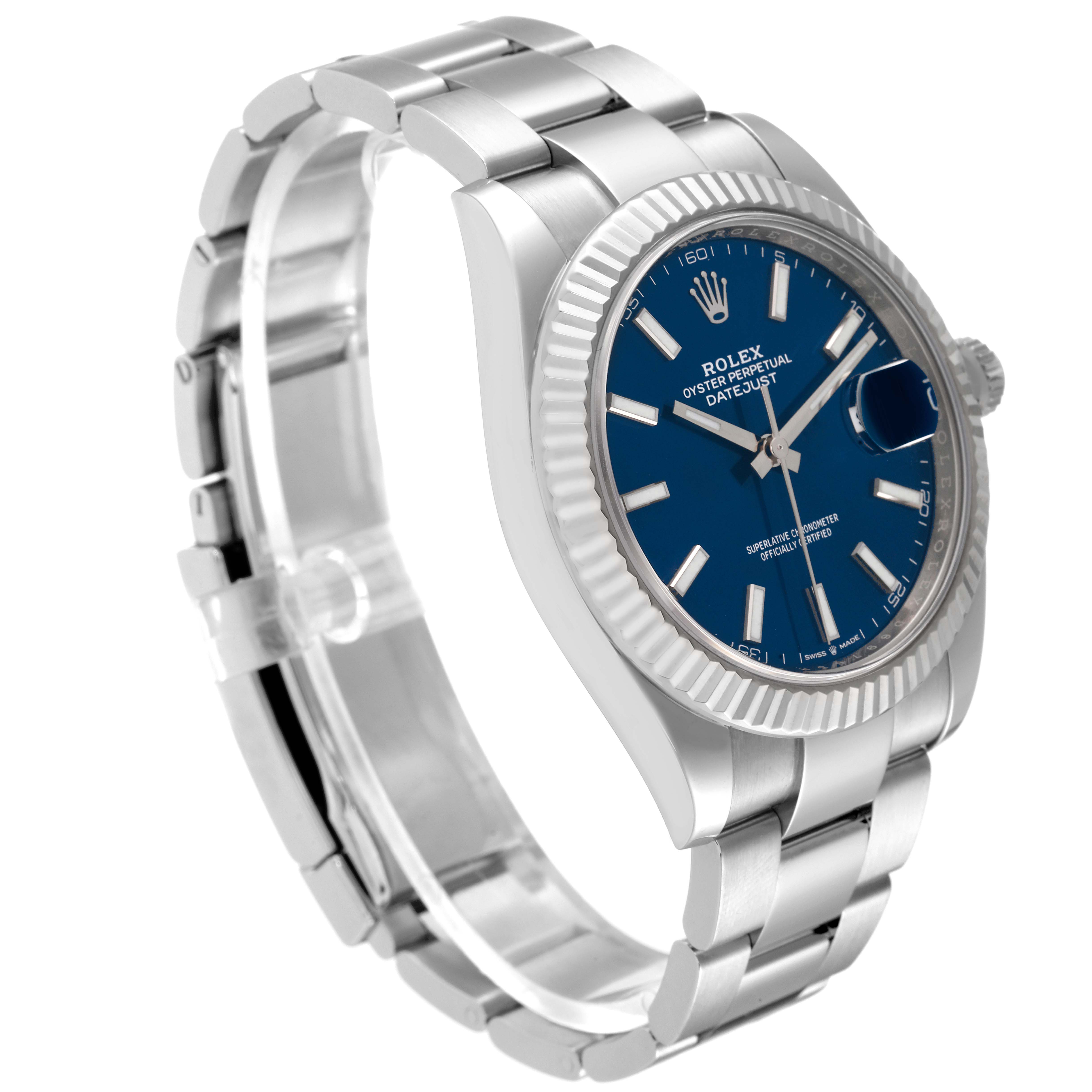 This image shows a side and front angle of the Rolex Datejust 41 126334 Men's Stainless Steel Blue Dial 126334 Men's Stainless Steel Blue Dial model, highlighting the dial, bezel, and bracelet.