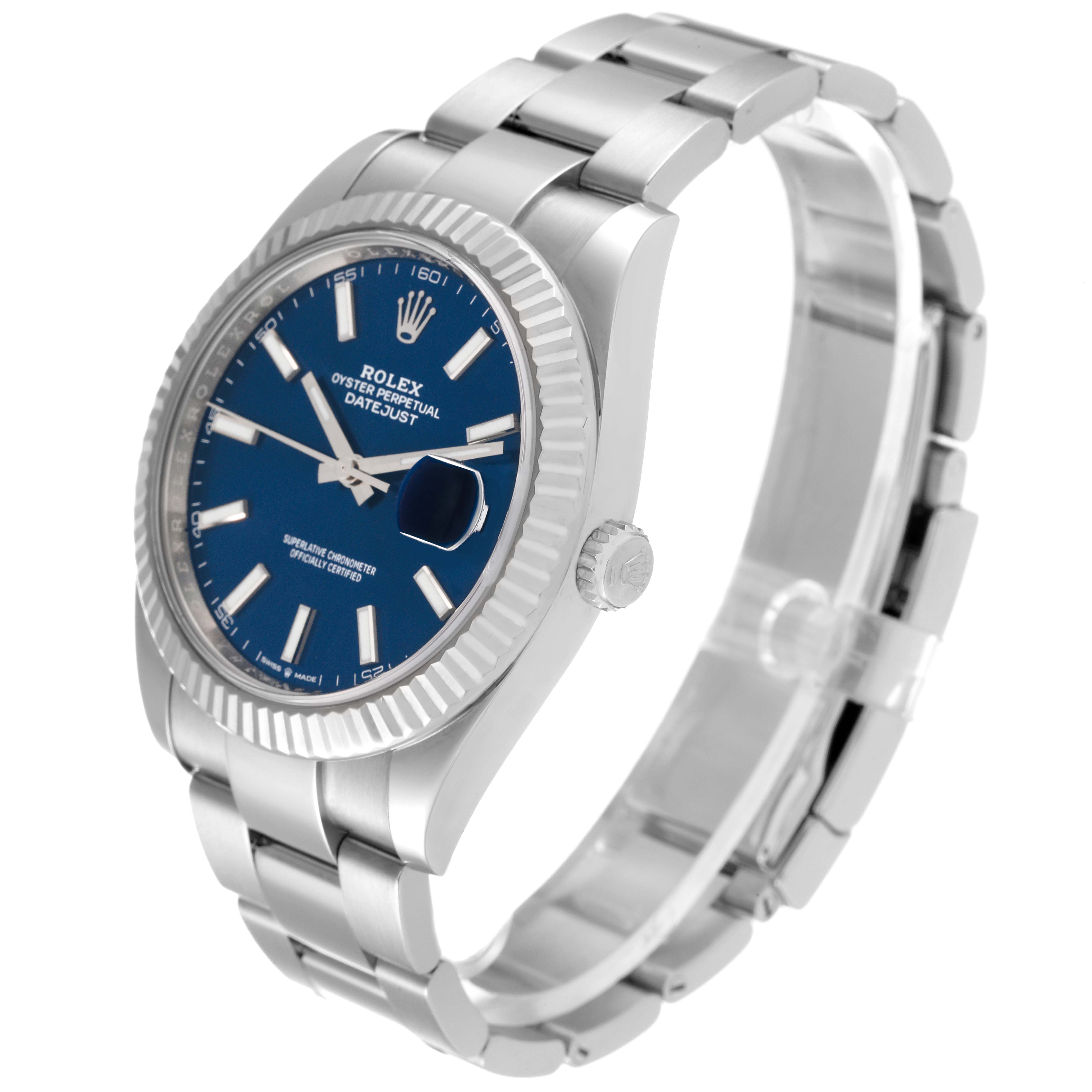 This image features the Rolex Datejust 41 126334 Men's Stainless Steel Blue Dial 126334 Men's Stainless Steel Blue Dial model watch, showing a three-quarter front angle of the dial, bezel, case, and bracelet.