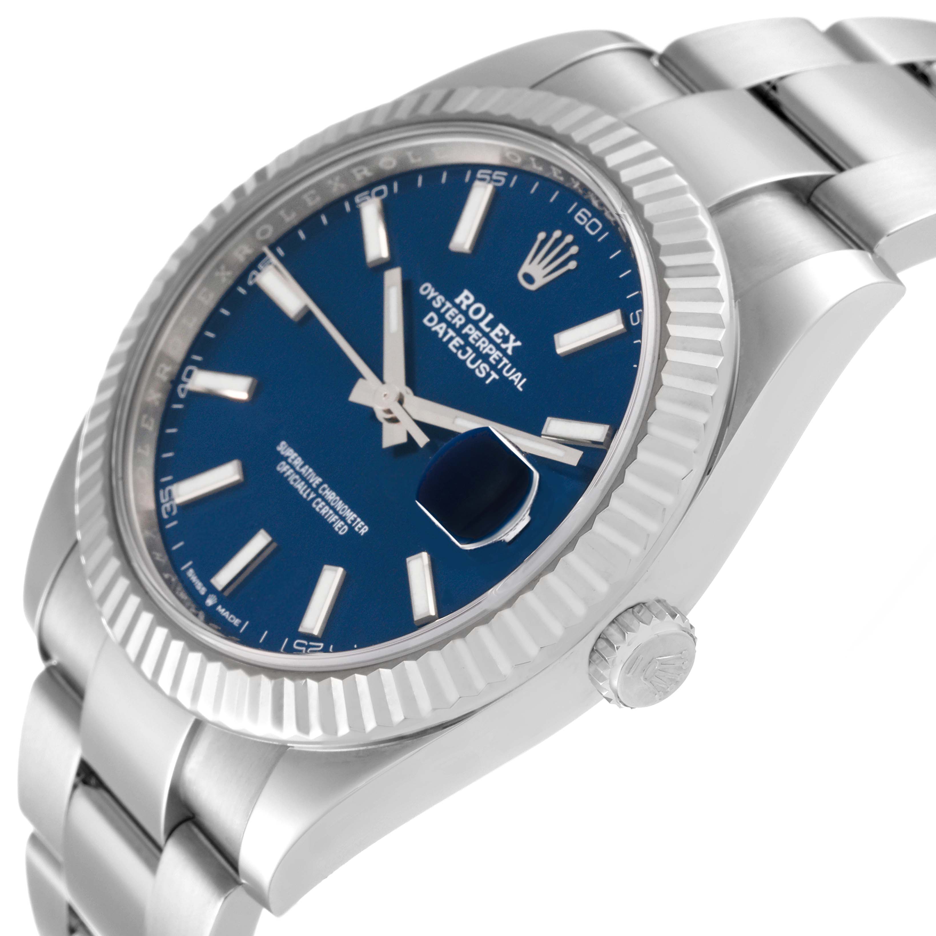 This image shows a Rolex Datejust 41 126334 Men's Stainless Steel Blue Dial 126334 Men's Stainless Steel Blue Dial model at an angled close-up, displaying its blue dial, fluted bezel, and part of the bracelet.
