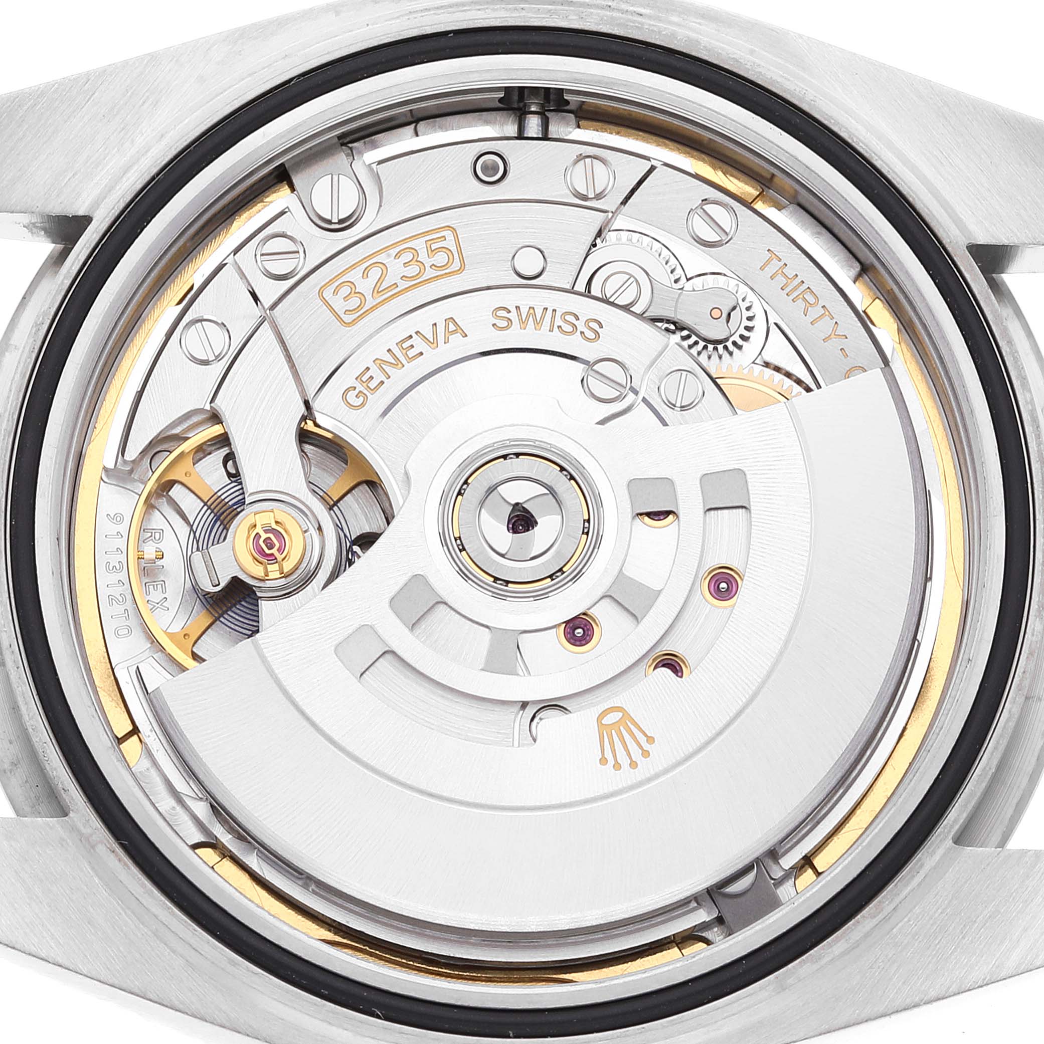 The image shows the intricate internal mechanism of a Rolex Datejust 41 126334 Men's Stainless Steel Blue Dial 126334 Men's Stainless Steel Blue Dial watch, viewed from the back.