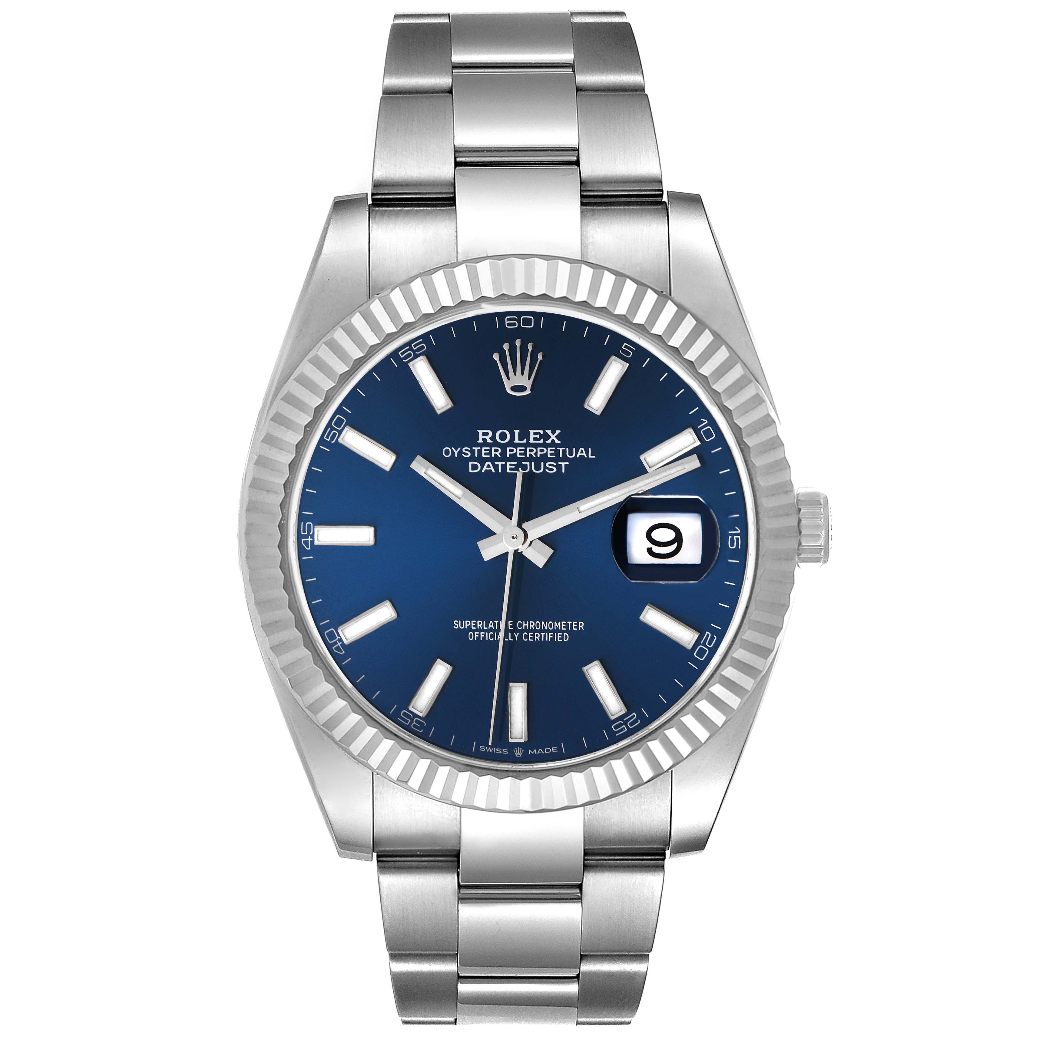 The image shows a front view of the Rolex Datejust 41 126334 Men's Stainless Steel Blue Dial 126334 Men's Stainless Steel Blue Dial, displaying the blue dial, fluted bezel, and stainless steel bracelet.