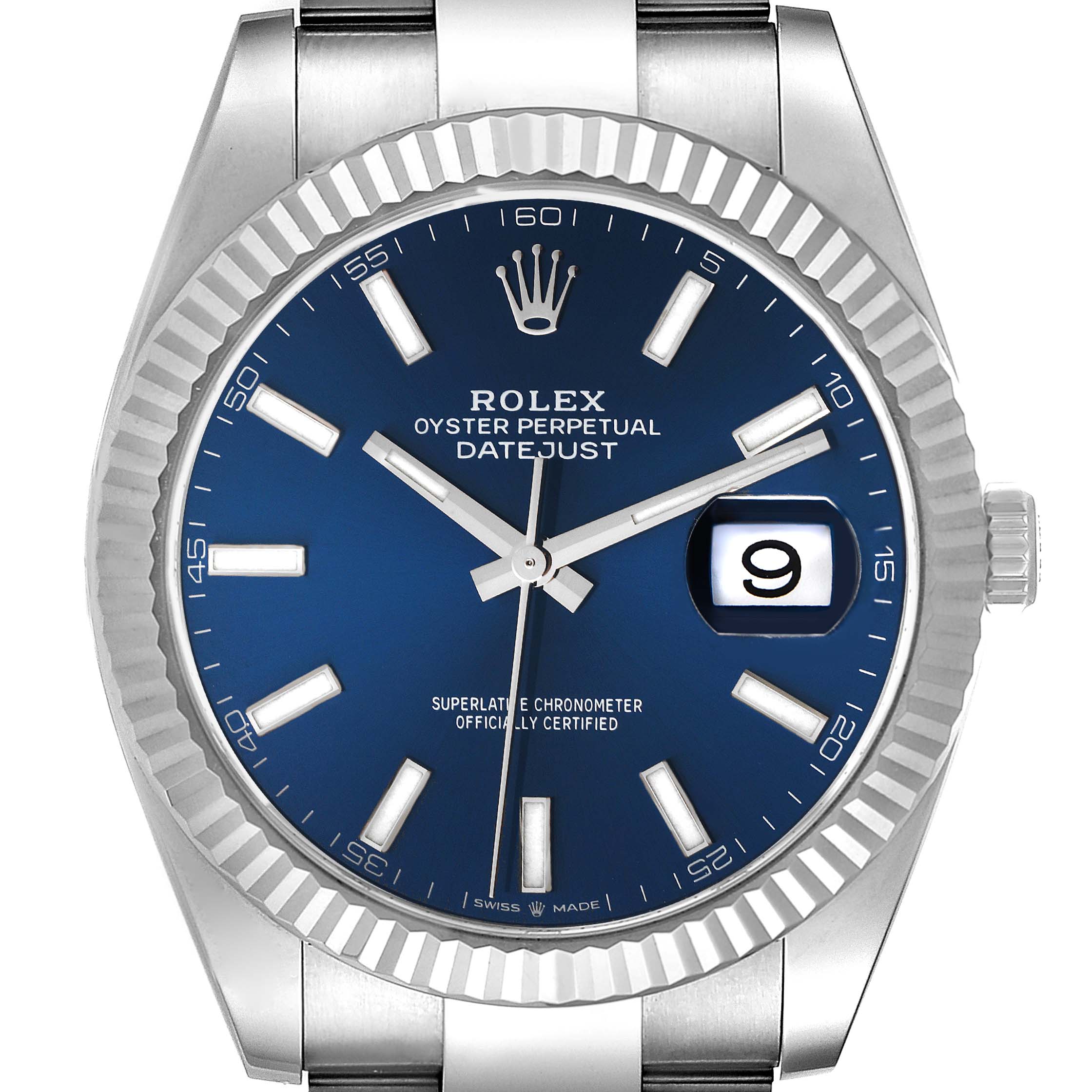 The image shows a front view of a Rolex Datejust 41 126334 Men's Stainless Steel Blue Dial 126334 Men's Stainless Steel Blue Dial watch, highlighting its blue dial, date window, and fluted bezel.