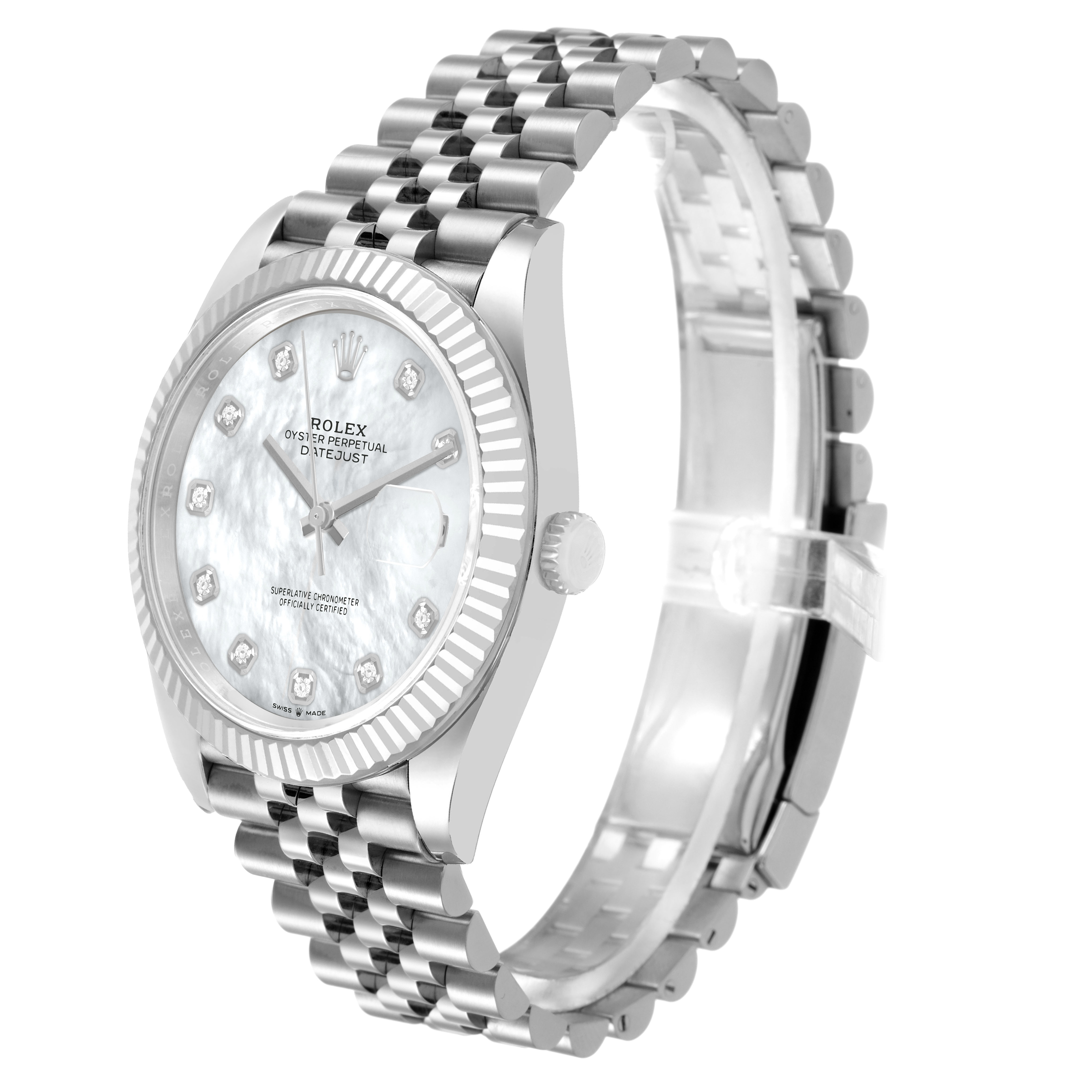 The Rolex Datejust 41 126334 Men's Stainless Steel Mother of Pearl Dial is shown from a slightly angled side view, highlighting the dial, fluted bezel, crown, and Jubilee bracelet.