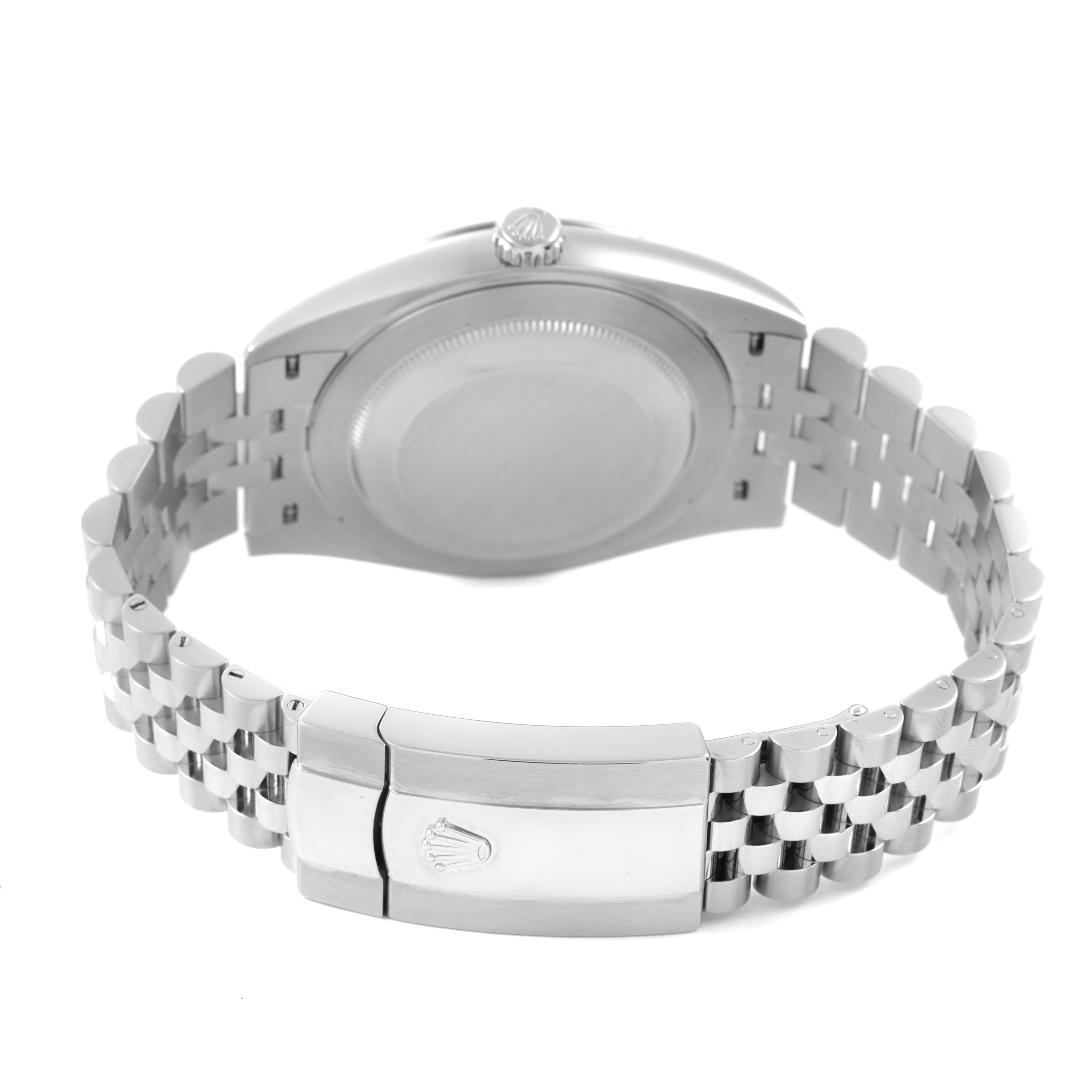 The image shows the back of the Rolex Datejust 41 126334 Men's Stainless Steel Mother of Pearl Dial, highlighting the clasp, bracelet, and case back.