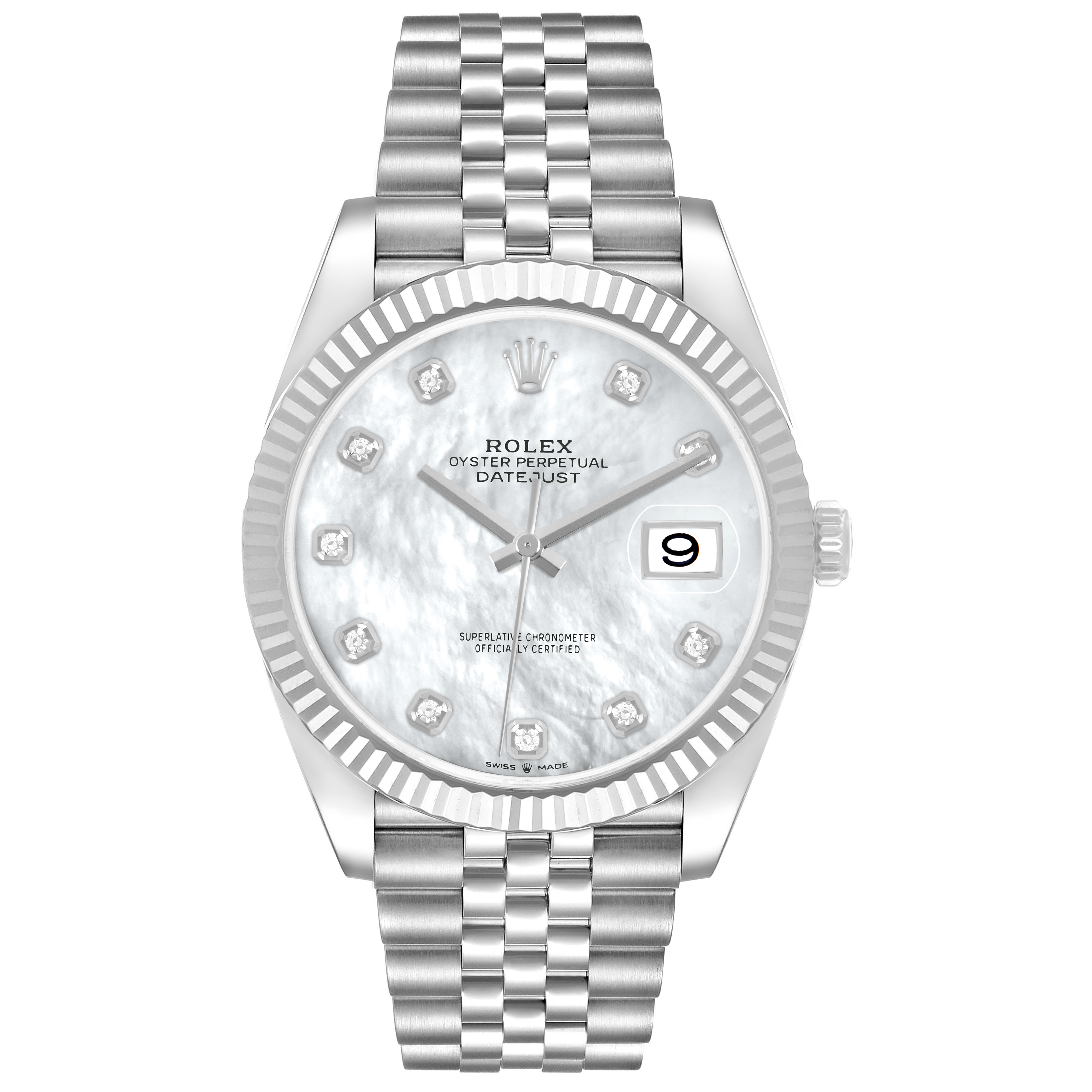 The Rolex Datejust 41 126334 Men's Stainless Steel Mother of Pearl Dial is shown from a front angle, highlighting the dial, bracelet, bezel, and crown.