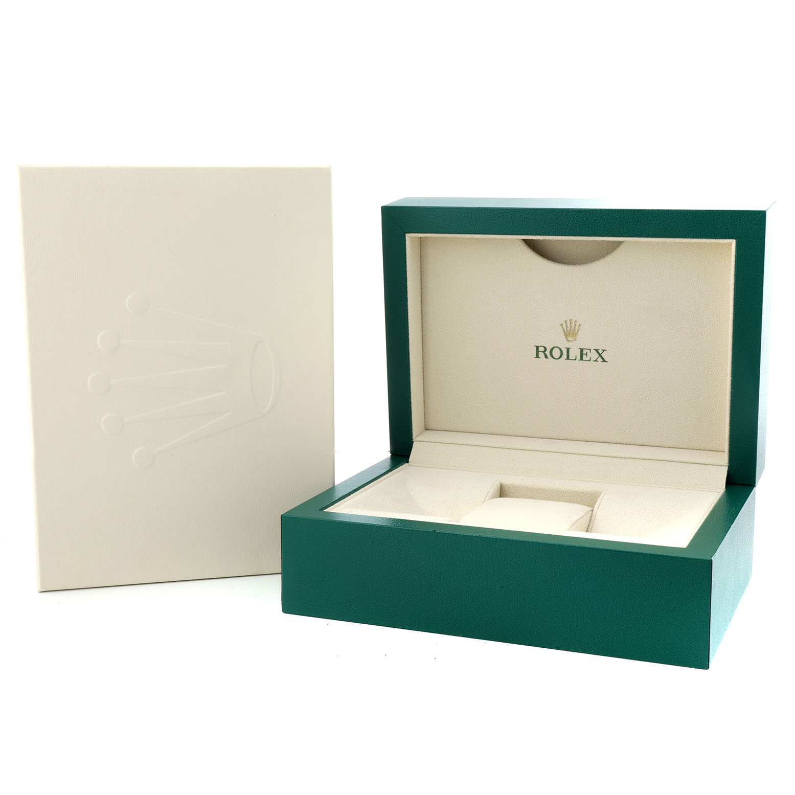 The image shows an open Rolex Datejust 41 126334 Men's Stainless Steel Mother of Pearl Dial box with cream interior and Rolex branding, and a separate closed outer case.