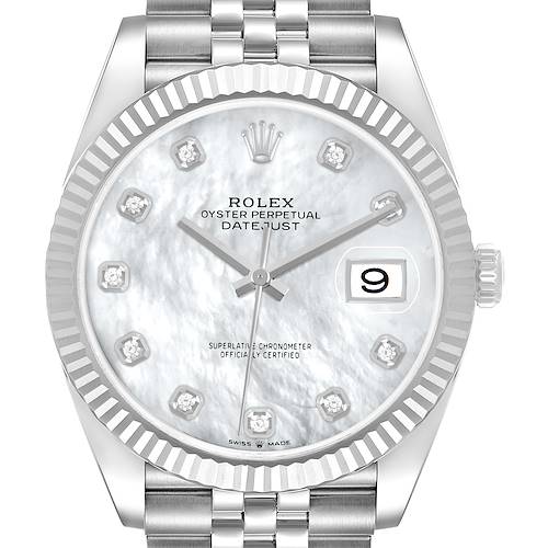 The Rolex Datejust 41 126334 Men's Stainless Steel Mother of Pearl Dial is shown from a front view, highlighting the dial, fluted bezel, and partial bracelet.