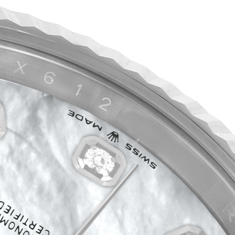 The image shows a close-up of the dial and bezel of a Rolex Datejust 41 126334 Men's Stainless Steel Mother of Pearl Dial, highlighting the hour markers and text.