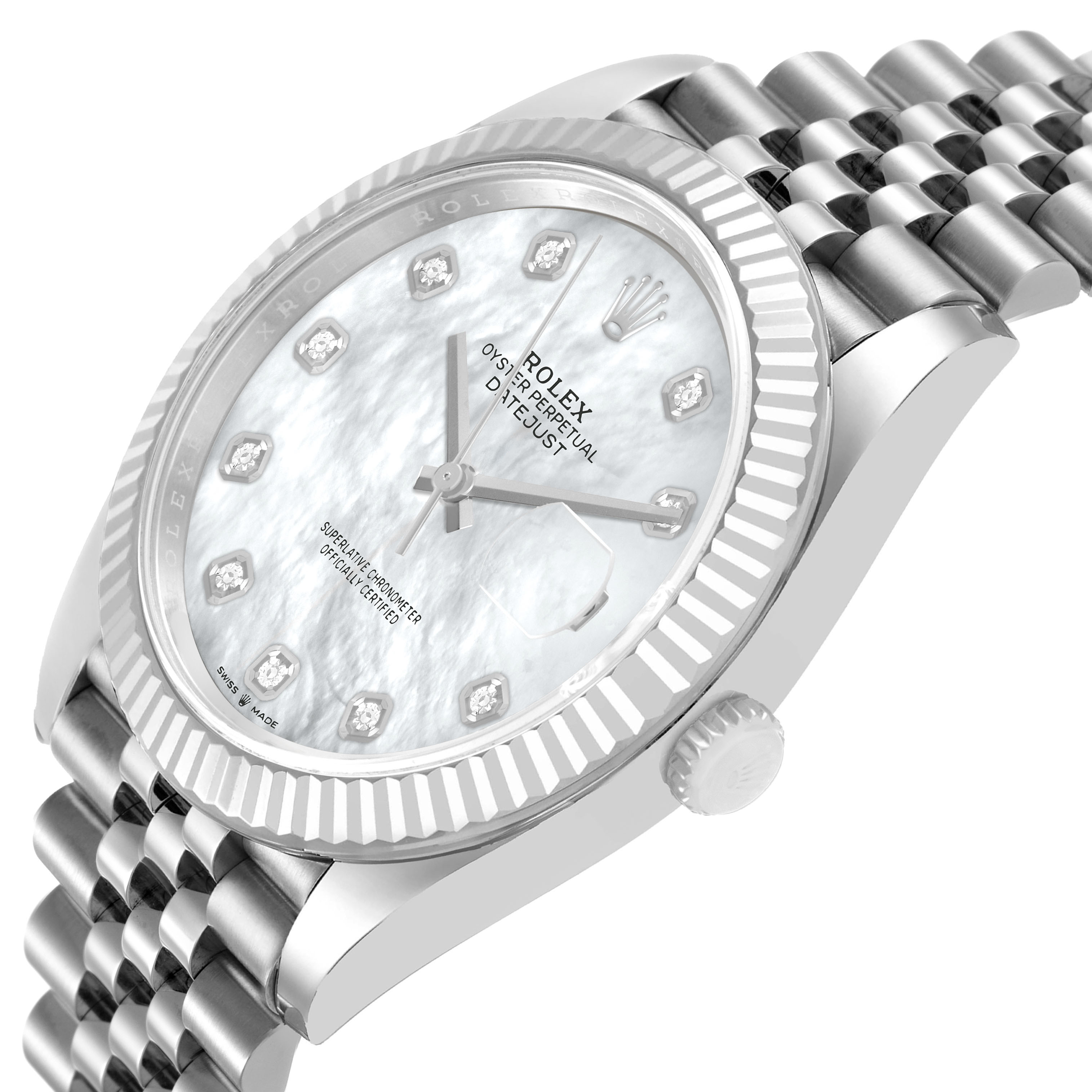 The Rolex Datejust 41 126334 Men's Stainless Steel Mother of Pearl Dial is shown at an angle highlighting the face, bezel, crown, and part of the Jubilee bracelet.