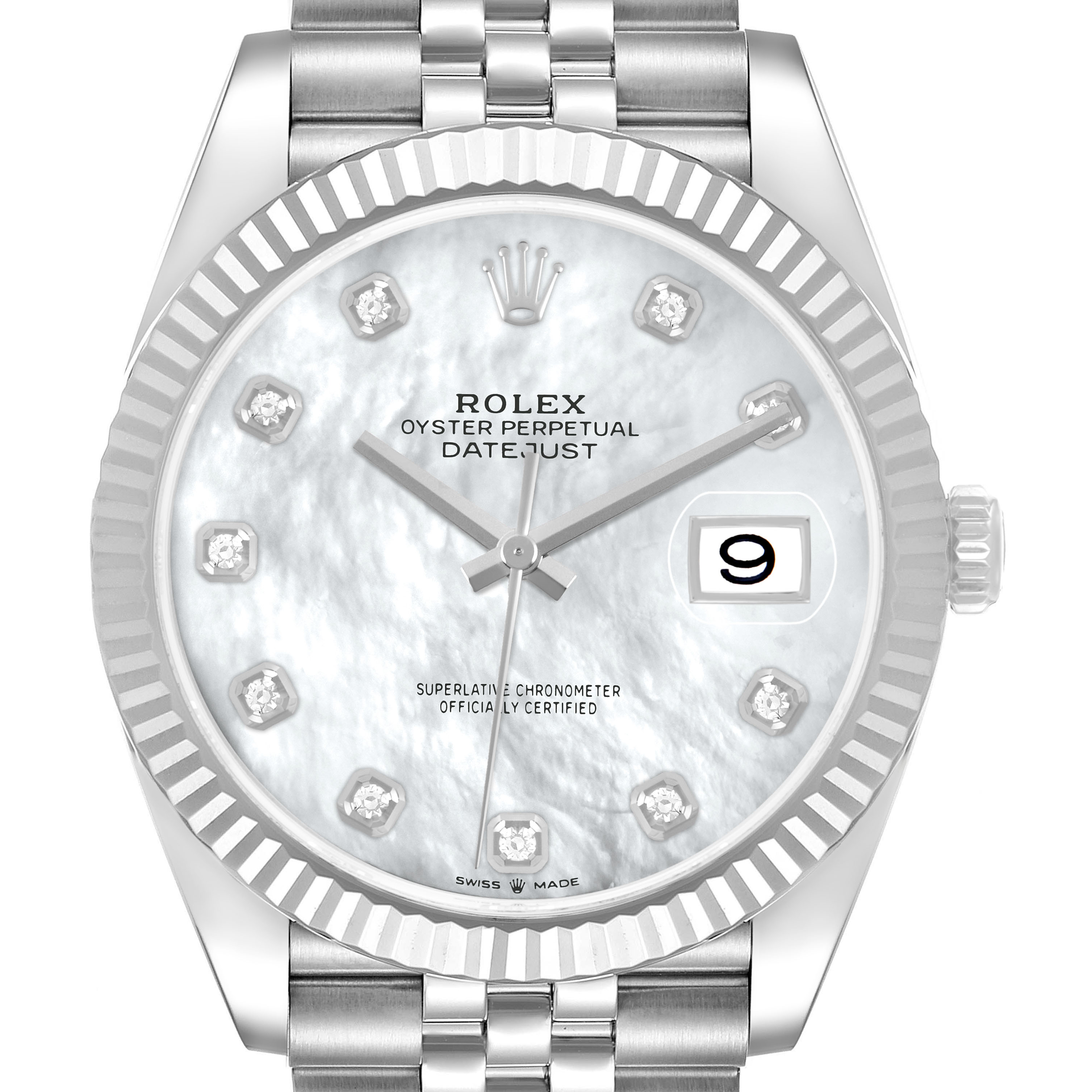 The Rolex Datejust 41 126334 Men's Stainless Steel Mother of Pearl Dial is shown from the front, displaying the bezel, dial, and part of the bracelet.