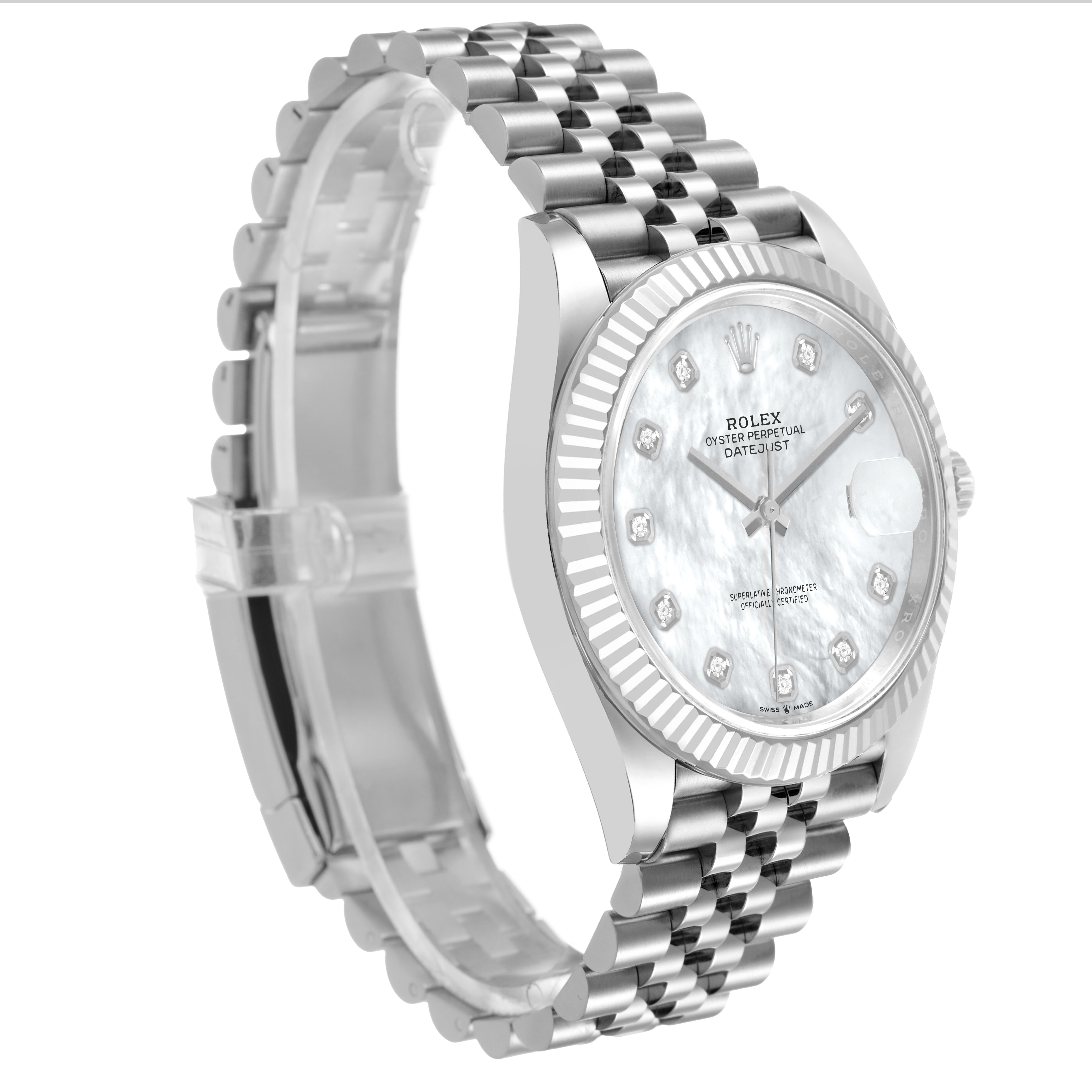 The image shows a Rolex Datejust 41 126334 Men's Stainless Steel Mother of Pearl Dial watch from a three-quarter side angle, highlighting the bracelet, bezel, and dial.