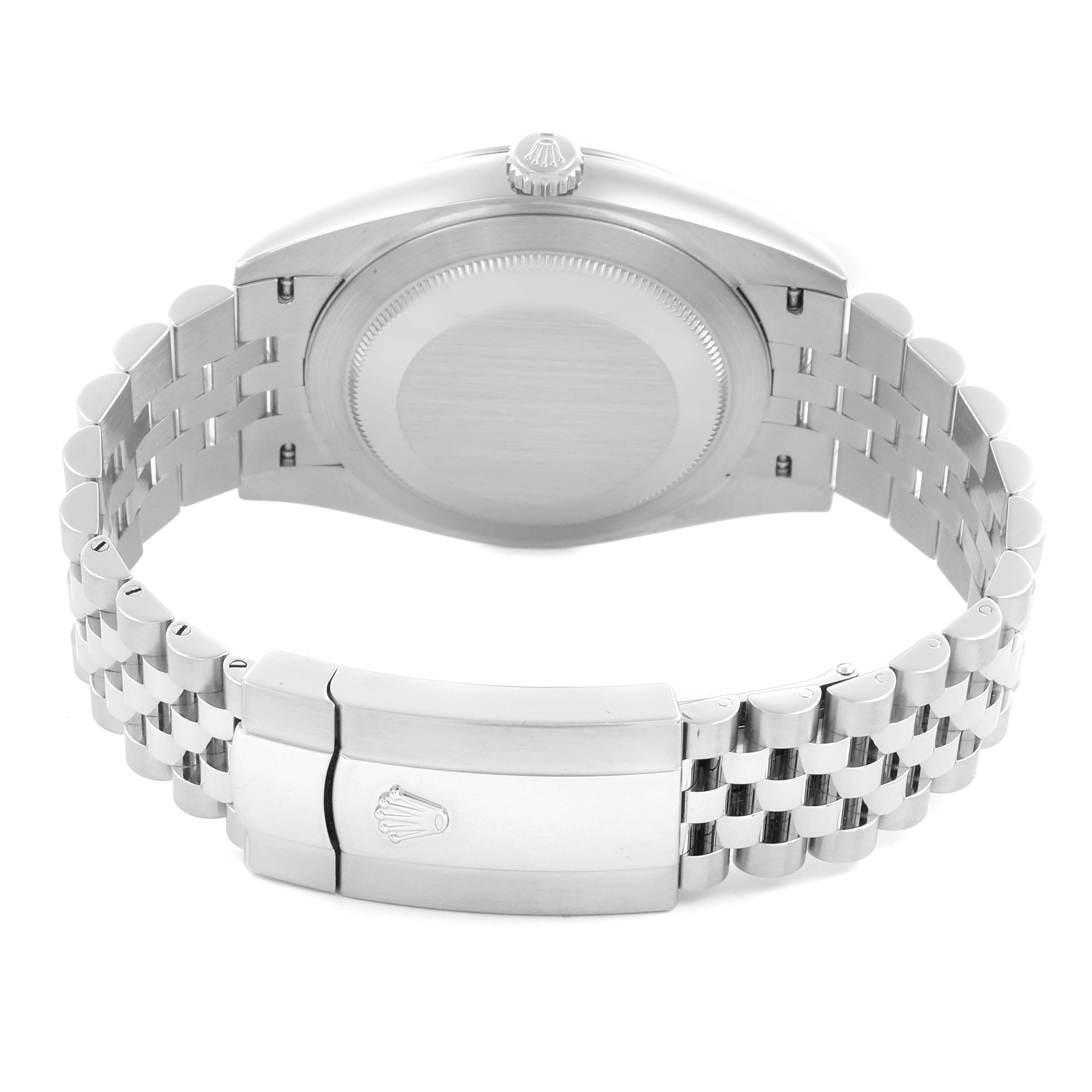 The image shows the backside of the Rolex Datejust 41 126300 Men's Stainless Steel White Dial 126300 Men's Stainless Steel White Dial, featuring the case back and clasp of the bracelet.