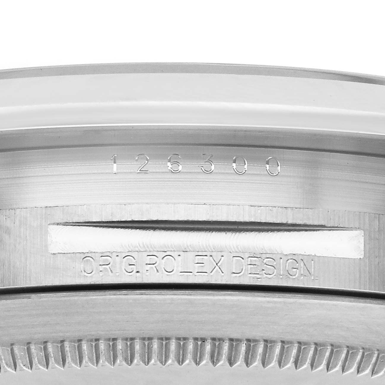 The image shows the bezel and case details of a Rolex Datejust 41 126300 Men's Stainless Steel White Dial 126300 Men's Stainless Steel White Dial, featuring the model number and "ORIG ROLEX DESIGN" text.