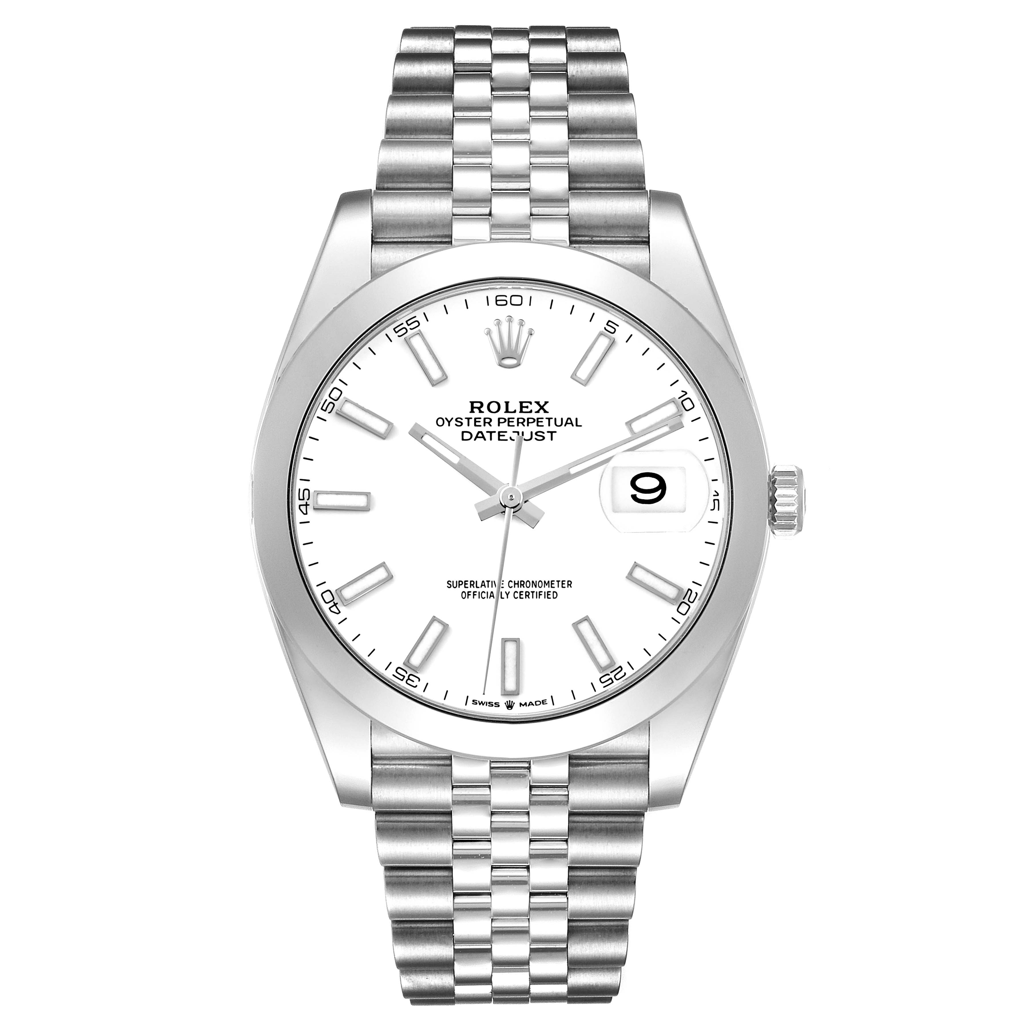 The Rolex Datejust 41 126300 Men's Stainless Steel White Dial 126300 Men's Stainless Steel White Dial is shown from a front angle, displaying the face, hour markers, date window, and Jubilee bracelet.