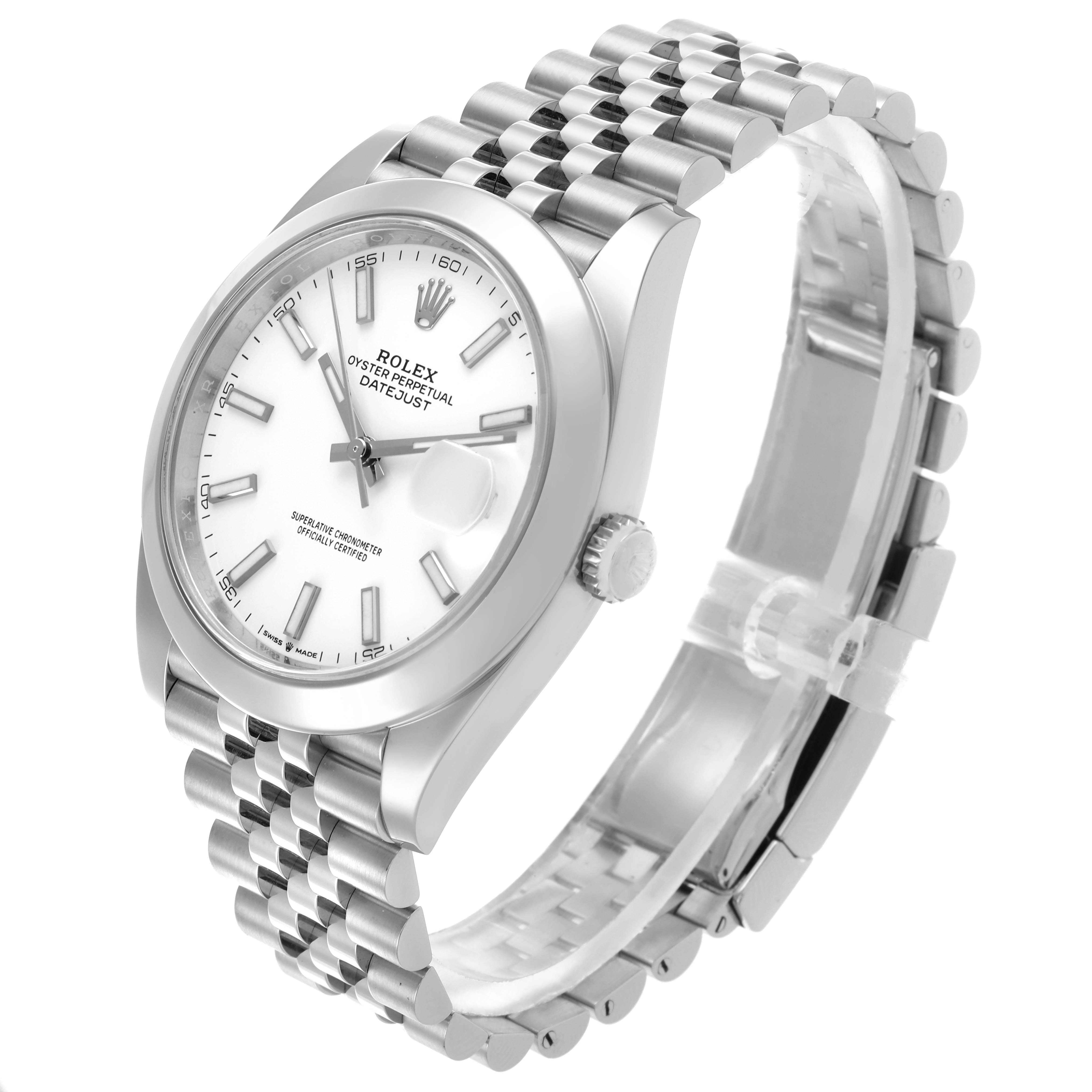 The Rolex Datejust 41 126300 Men's Stainless Steel White Dial 126300 Men's Stainless Steel White Dial is shown at a three-quarter angle, displaying the face, crown, and bracelet.