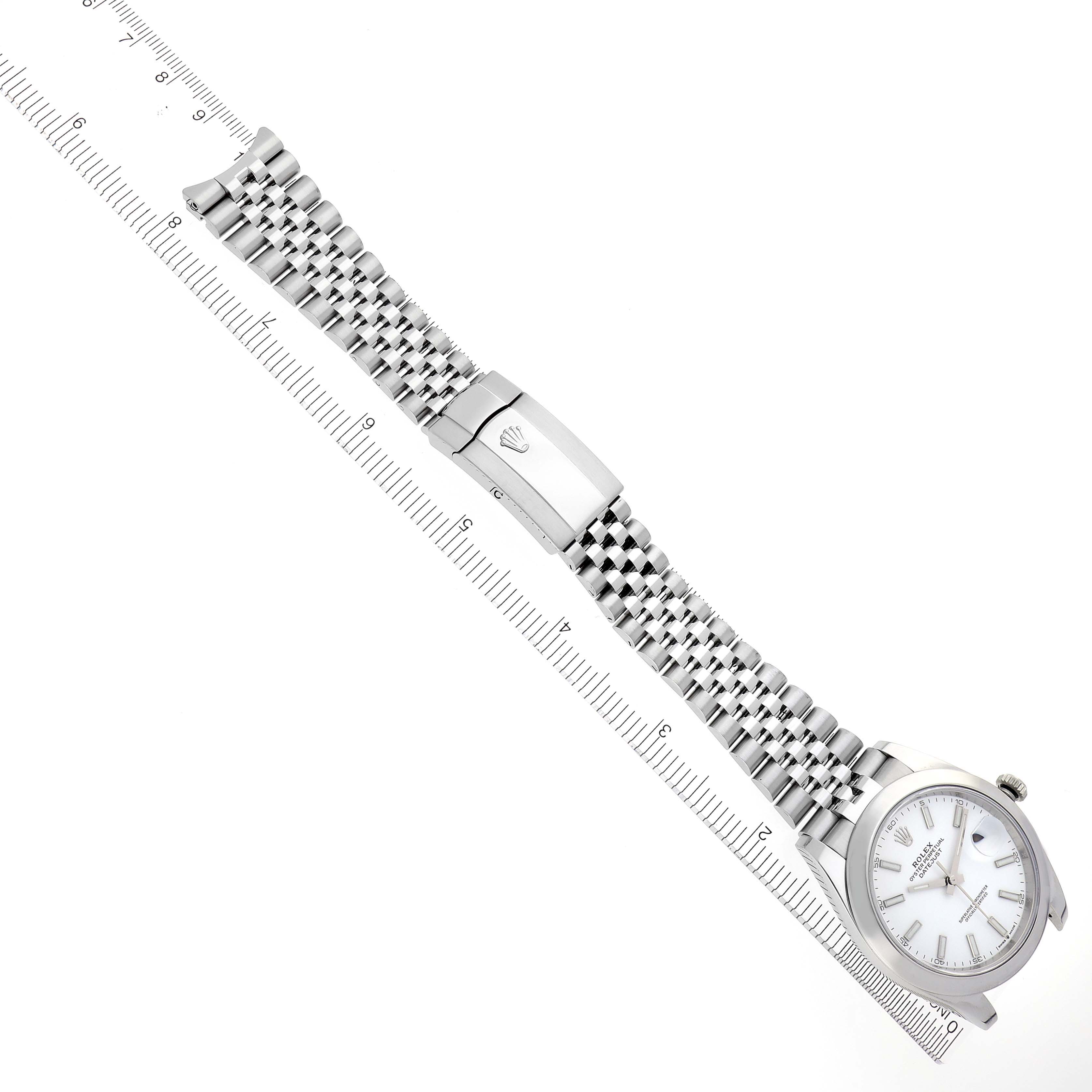 The image shows a Rolex Datejust 41 126300 Men's Stainless Steel White Dial 126300 Men's Stainless Steel White Dial at a diagonal angle, highlighting the watchband and clasp.