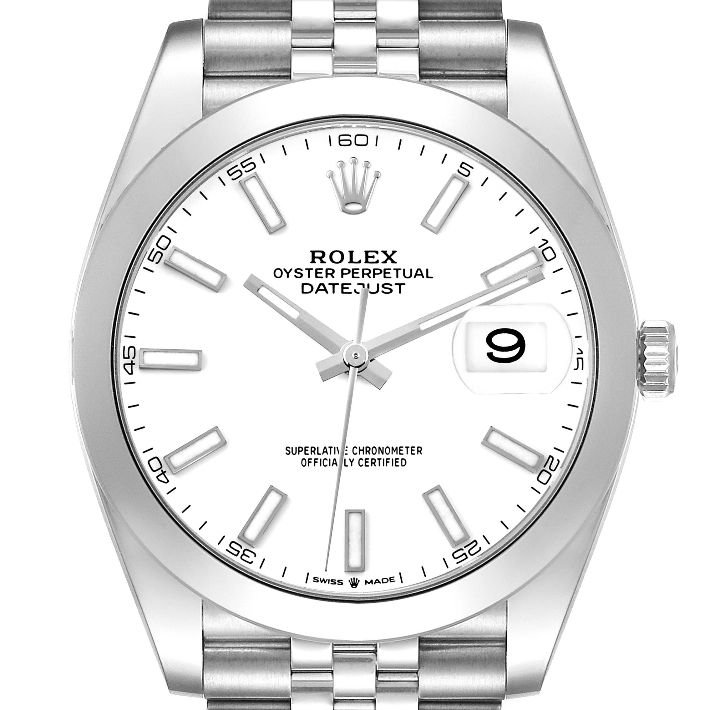 The Rolex Datejust 41 126300 Men's Stainless Steel White Dial 126300 Men's Stainless Steel White Dial watch is shown from a top view displaying its face, bezel, bracelet top links, and crown.