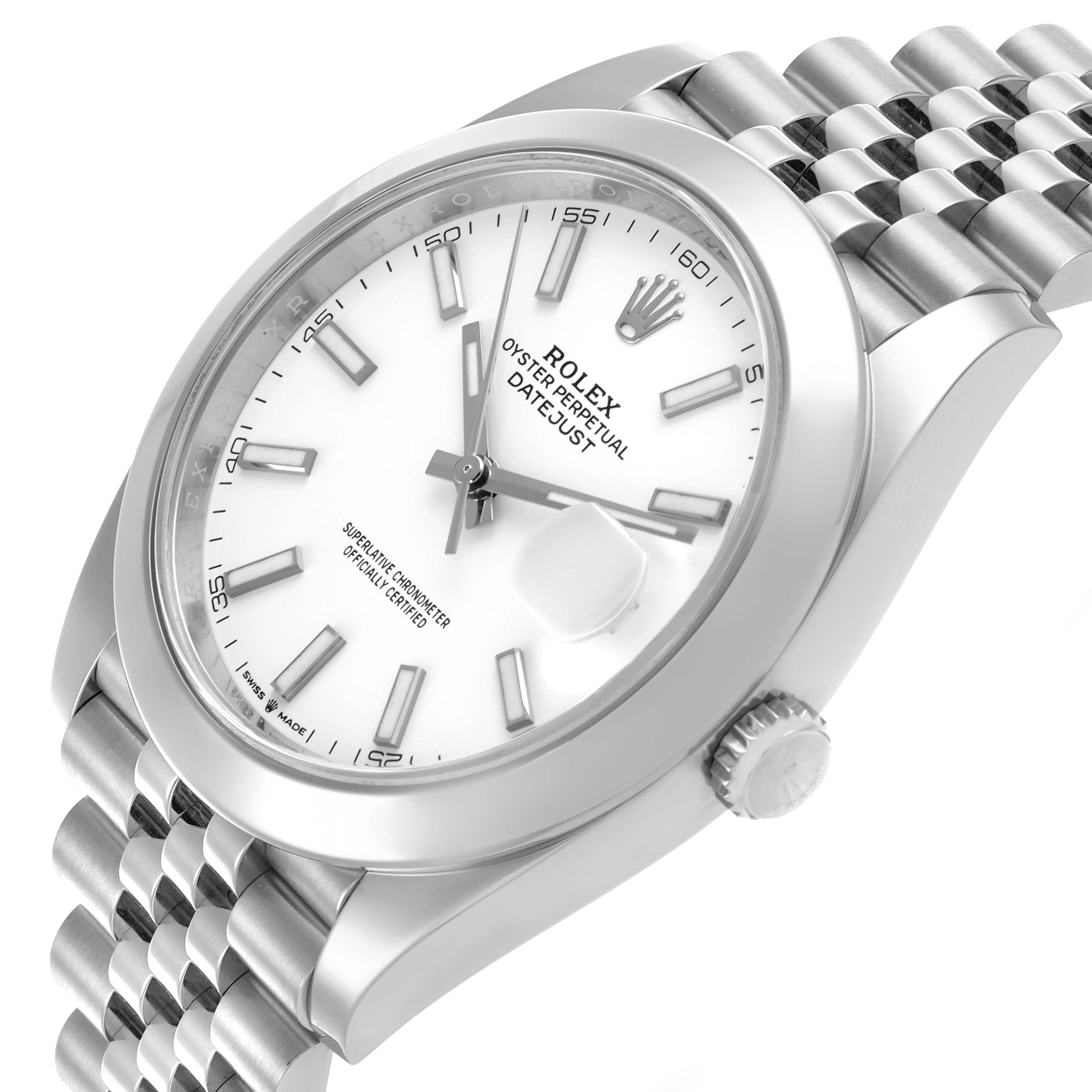 The Rolex Datejust 41 126300 Men's Stainless Steel White Dial 126300 Men's Stainless Steel White Dial is shown at an angled close-up, highlighting the case, bracelet, crown, and dial.