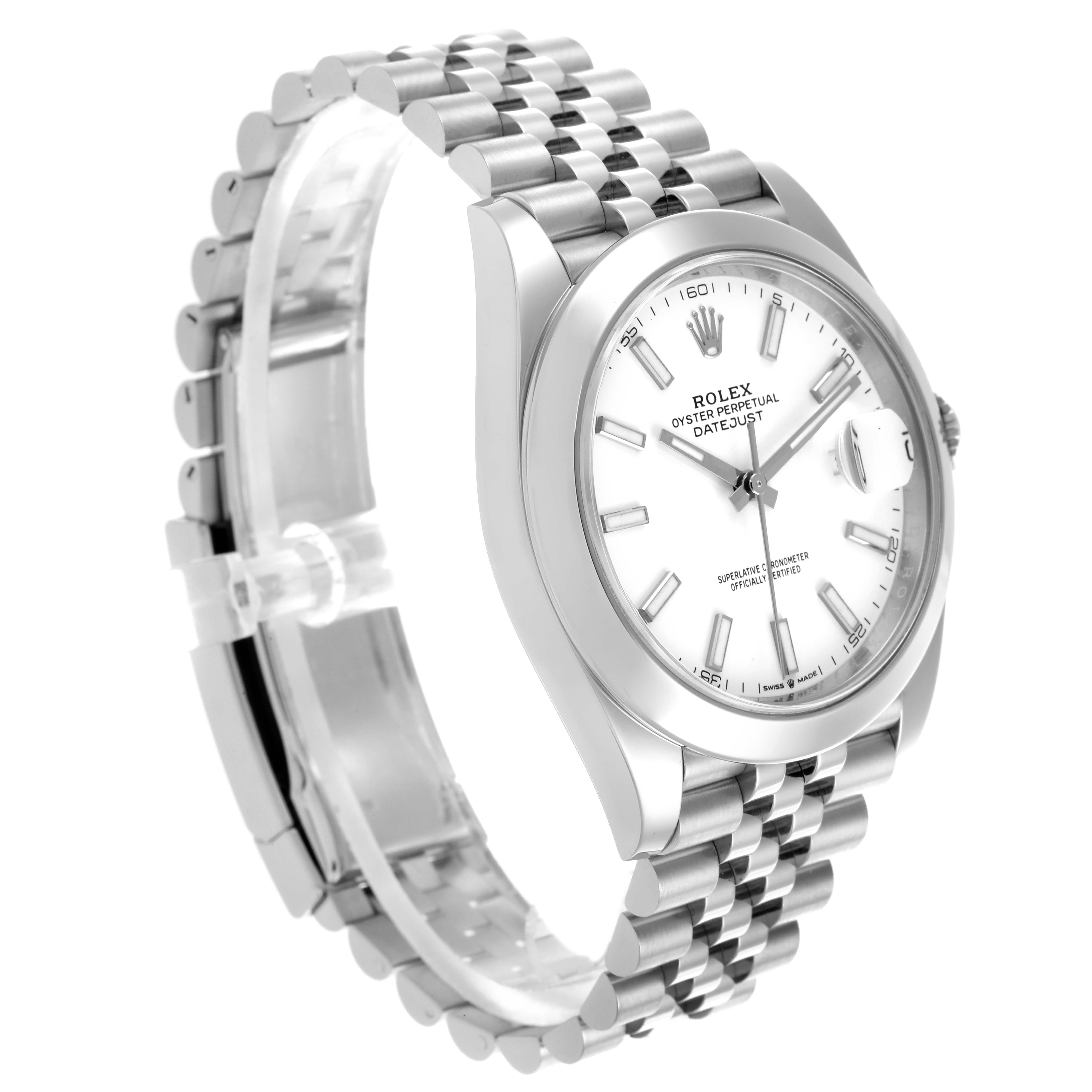 The Rolex Datejust 41 126300 Men's Stainless Steel White Dial 126300 Men's Stainless Steel White Dial is shown at a three-quarter angle displaying the white dial, bezel, and Jubilee bracelet.