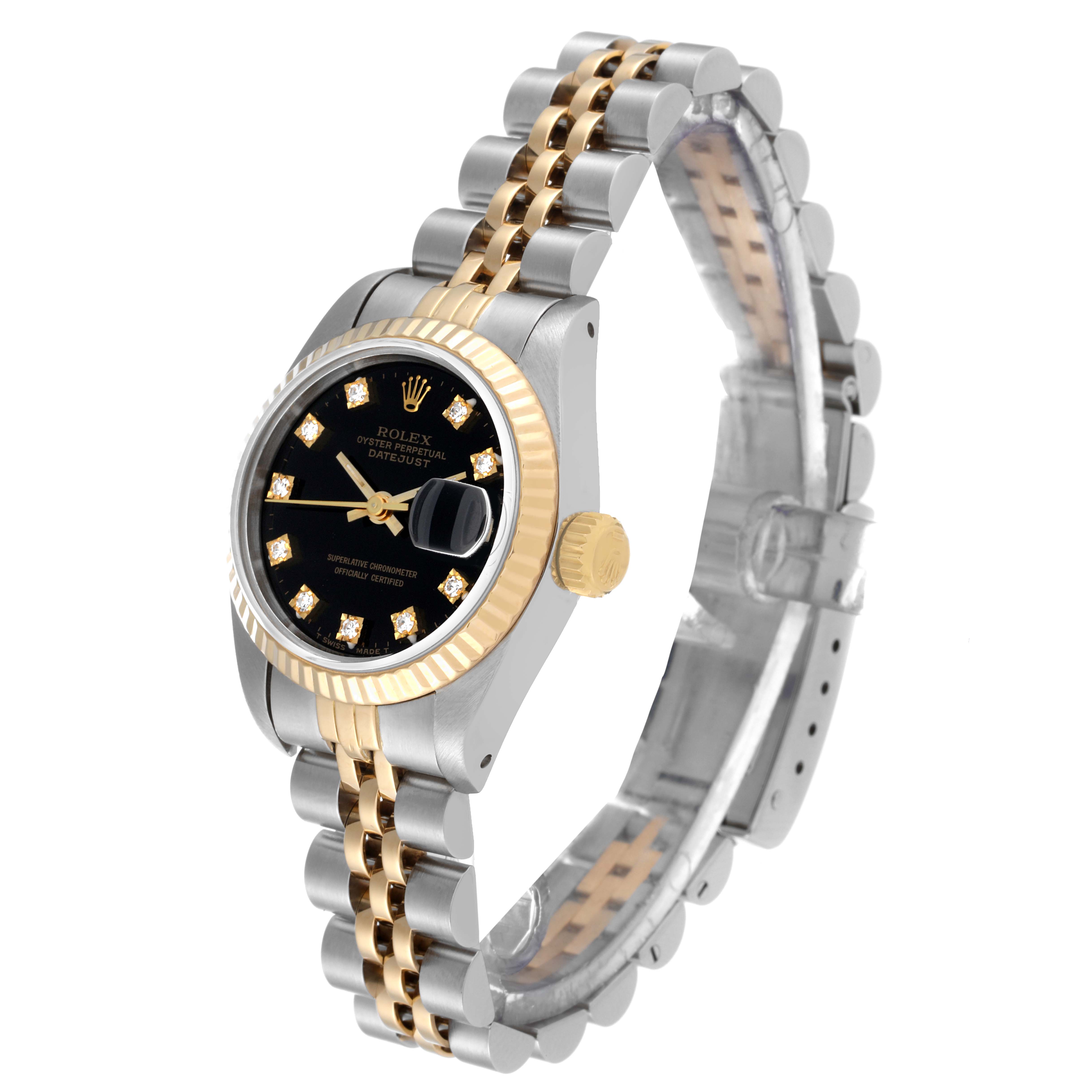 The Rolex Datejust 69173 Women's Stainless Steel Black Dial 69173 Women's Stainless Steel Black Dial watch is shown at an angle highlighting the face, bezel, crown, and bracelet.