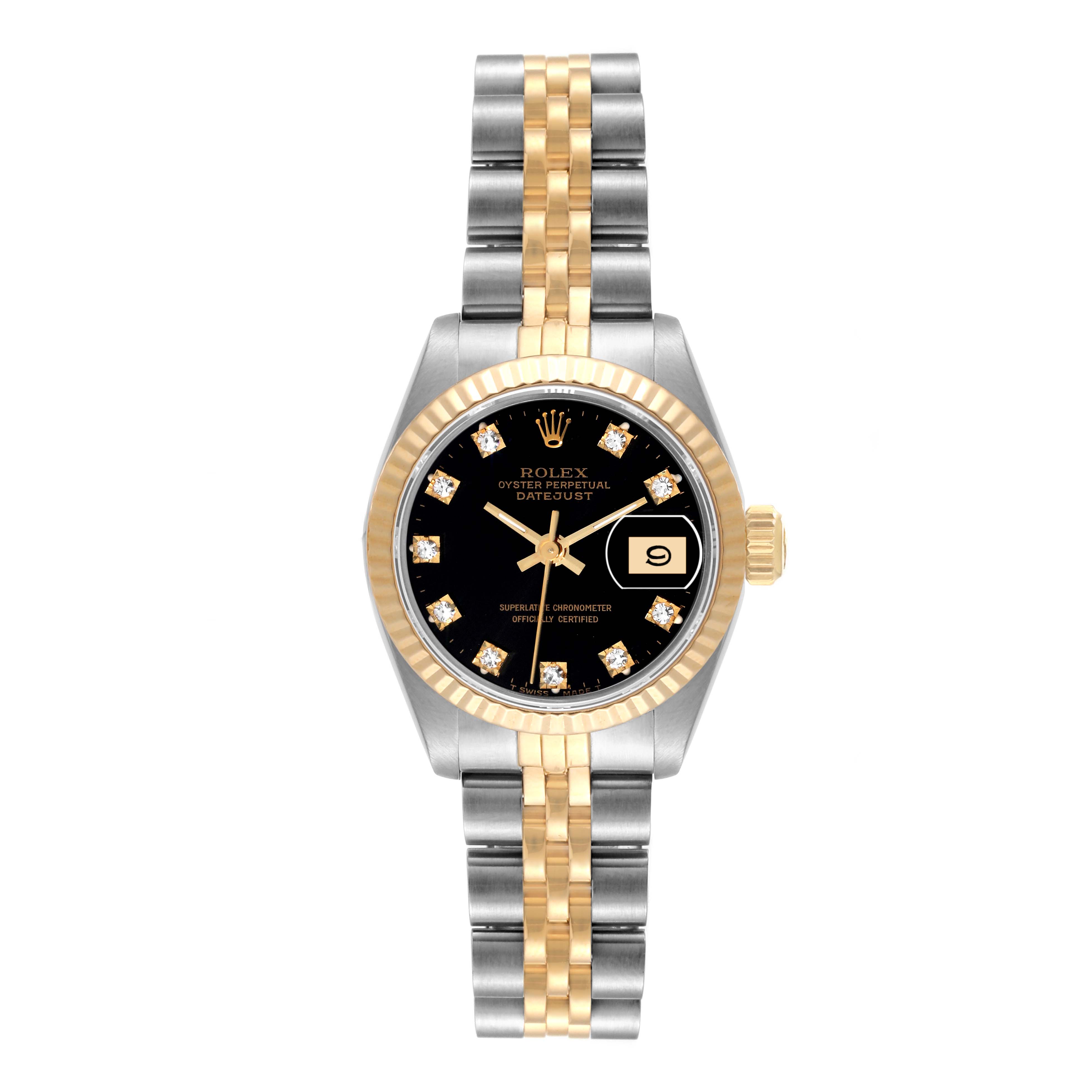 The image shows a Rolex Datejust 69173 Women's Stainless Steel Black Dial 69173 Women's Stainless Steel Black Dial watch from a front angle, featuring the dial, bezel, case, and bracelet.