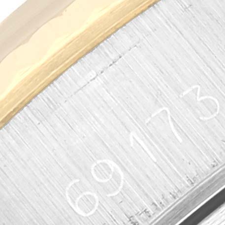 This close-up image shows the side of the case of a Rolex Datejust 69173 Women's Stainless Steel Black Dial 69173 Women's Stainless Steel Black Dial watch, highlighting the engraved model number "69173."