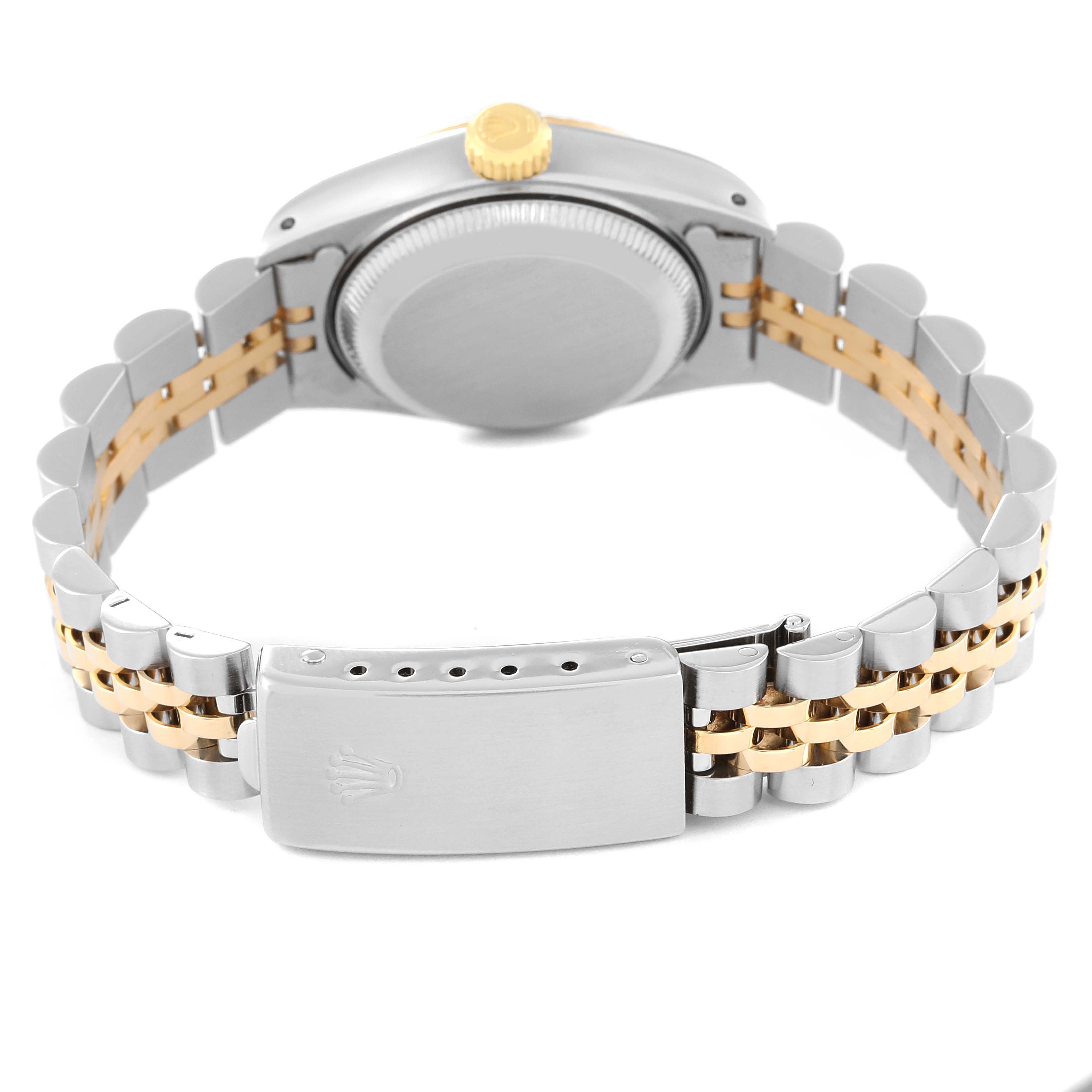 The image shows the back of a Rolex Datejust 69173 Women's Stainless Steel Black Dial 69173 Women's Stainless Steel Black Dial watch, including its case back, crown, and two-tone Jubilee bracelet with clasp.