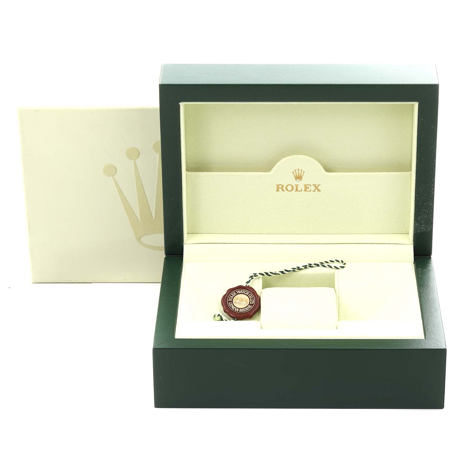 The image shows the empty packaging and tags of a Rolex Datejust 41 116300 Men
s Stainless Steel Blue Dial 116300 Men
s Stainless Steel Blue Dial watch.