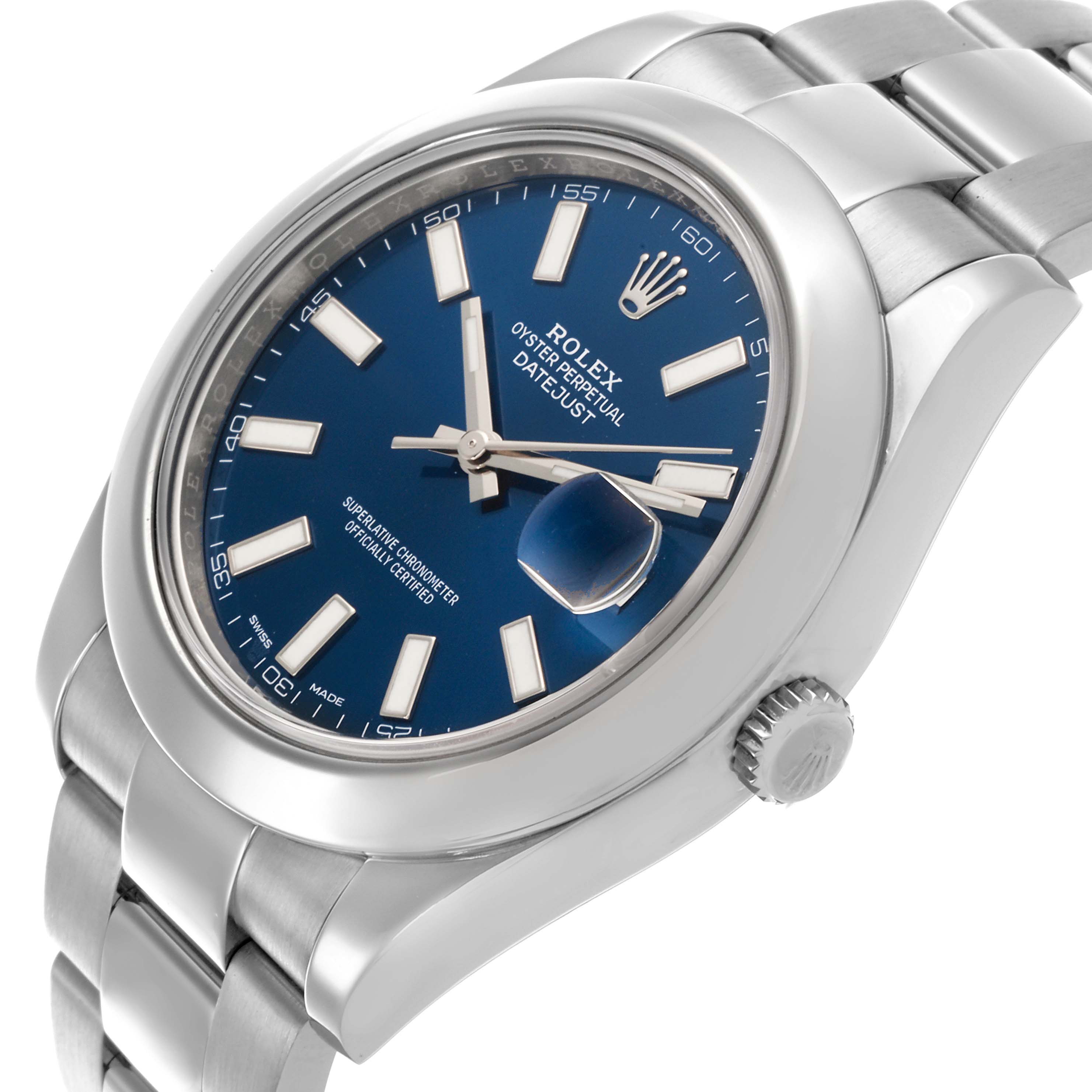 The Rolex Datejust 41 116300 Men
s Stainless Steel Blue Dial 116300 Men
s Stainless Steel Blue Dial is shown at a slight angle highlighting the blue dial, markers, crown, and stainless steel bracelet.