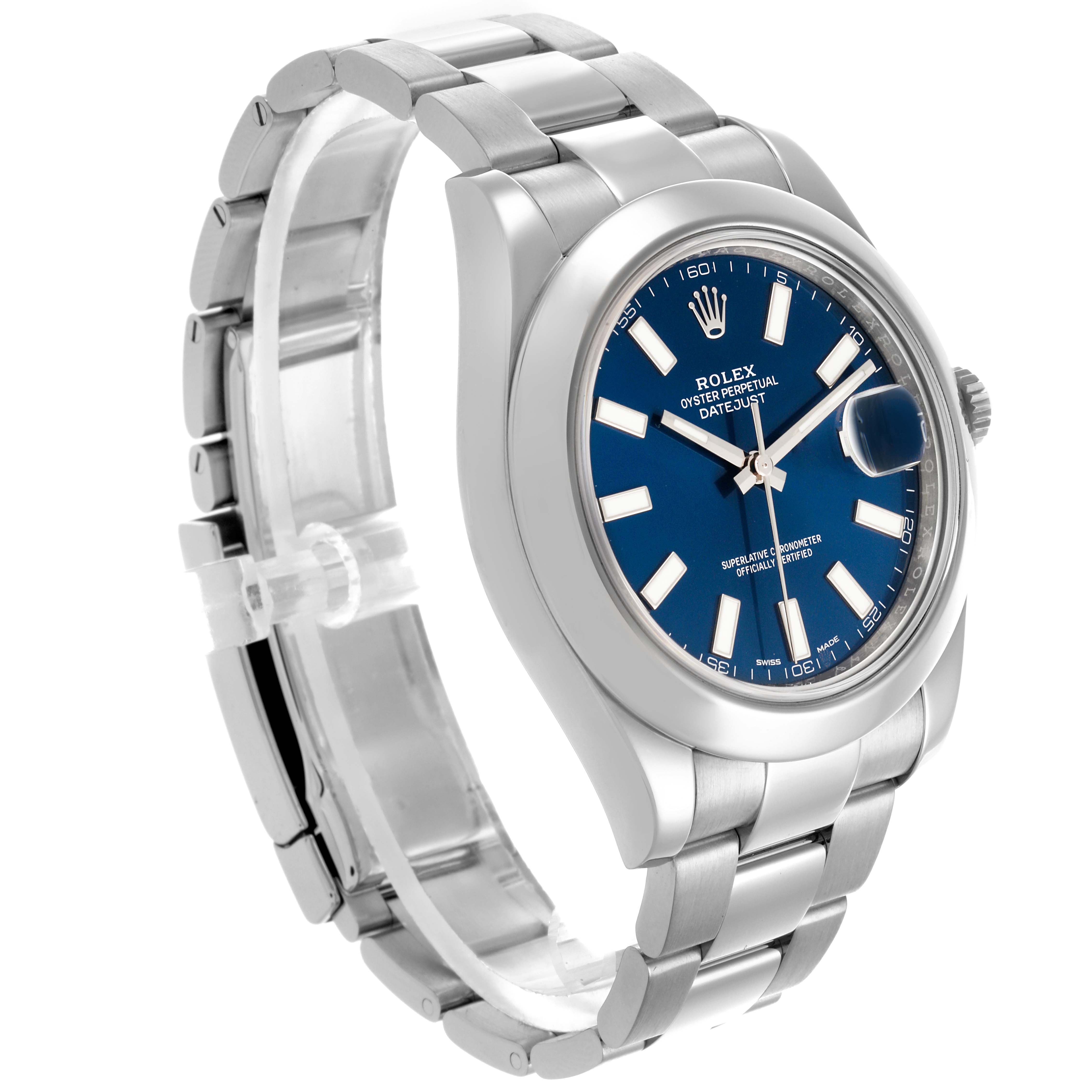 The Rolex Datejust 41 116300 Men
s Stainless Steel Blue Dial 116300 Men
s Stainless Steel Blue Dial watch is shown at a slight angle, highlighting the blue dial, bezel, and part of the bracelet.