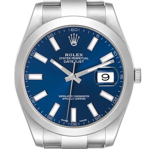 The Rolex Datejust 41 watch is shown from a front angle, highlighting its blue dial, date feature, and stainless steel bracelet.