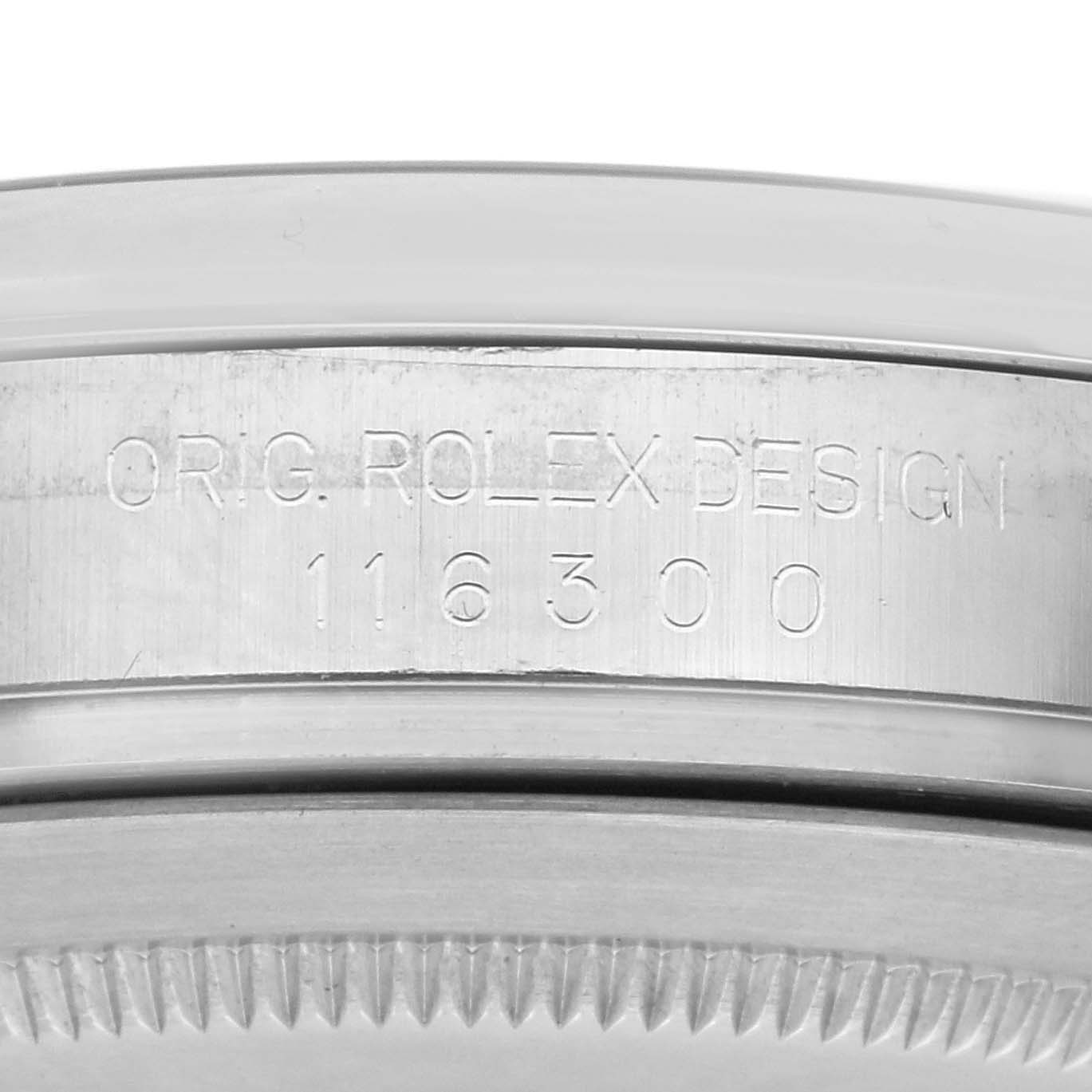 The image shows a close-up of the side of a Rolex Datejust 41 116300 Men
s Stainless Steel Blue Dial 116300 Men
s Stainless Steel Blue Dial, highlighting the engraved model number.