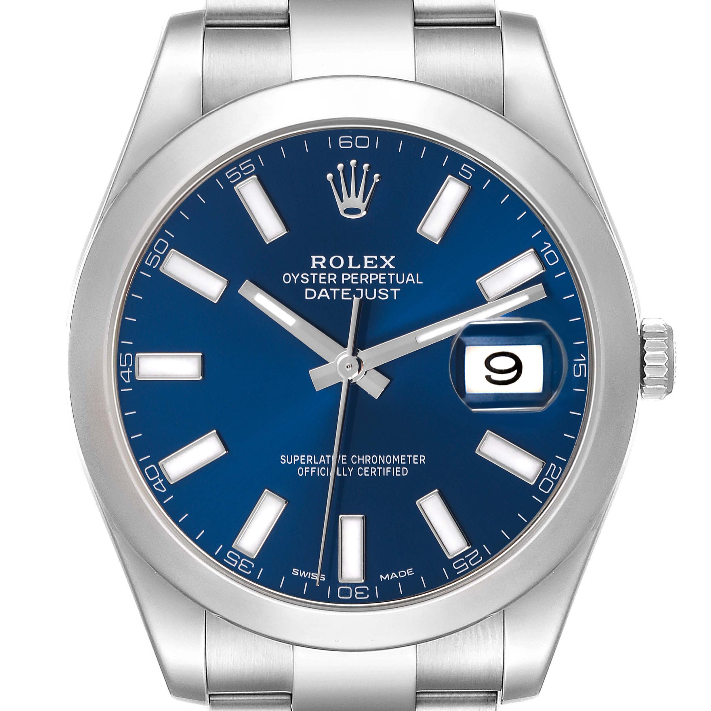 The Rolex Datejust 41 116300 Men
s Stainless Steel Blue Dial 116300 Men
s Stainless Steel Blue Dial watch is shown from the front, featuring a blue dial, silver hands, index markers, and a date window.
