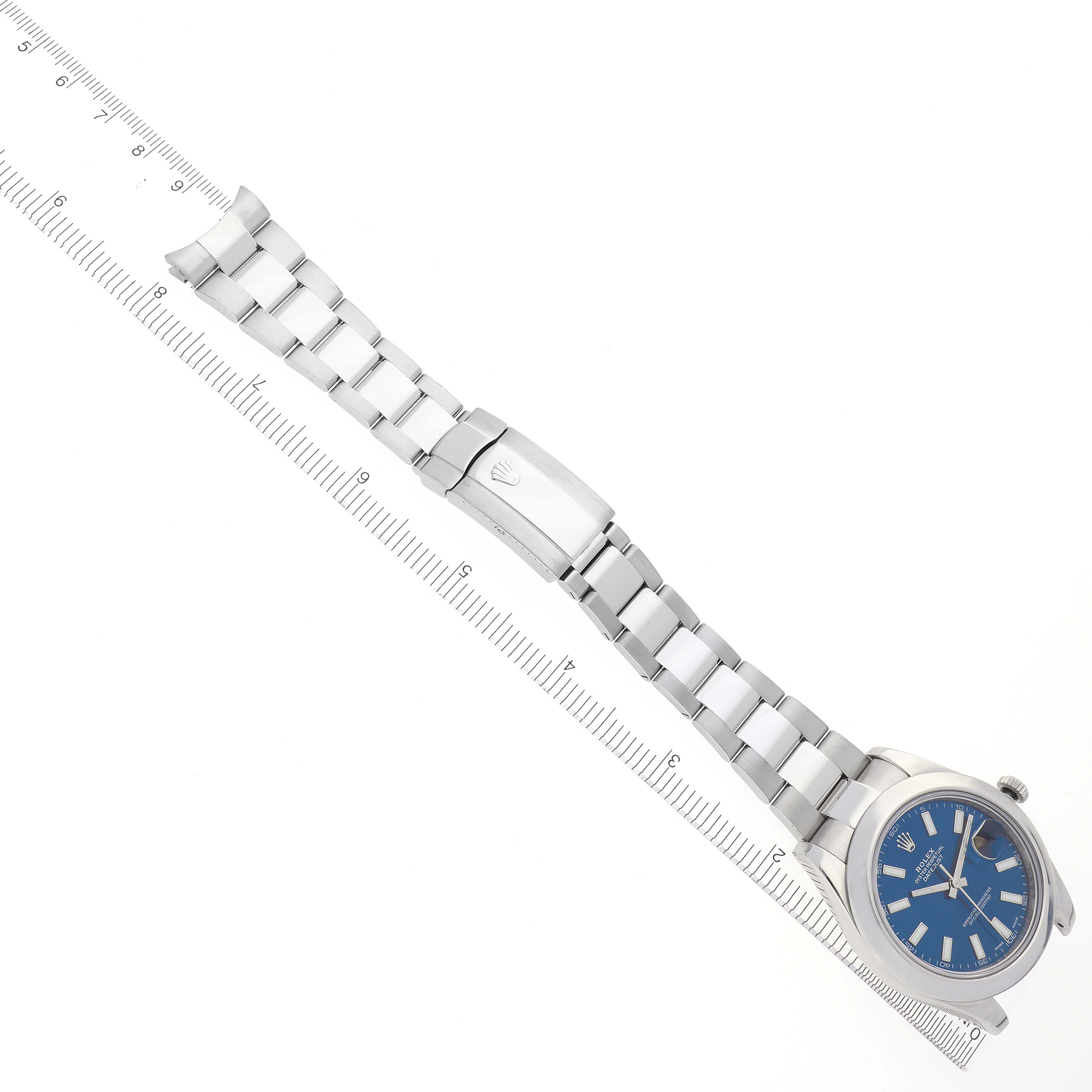 The Rolex Datejust 41 116300 Men
s Stainless Steel Blue Dial 116300 Men
s Stainless Steel Blue Dial is shown from a top angle, displaying its bracelet, clasp, and blue dial.