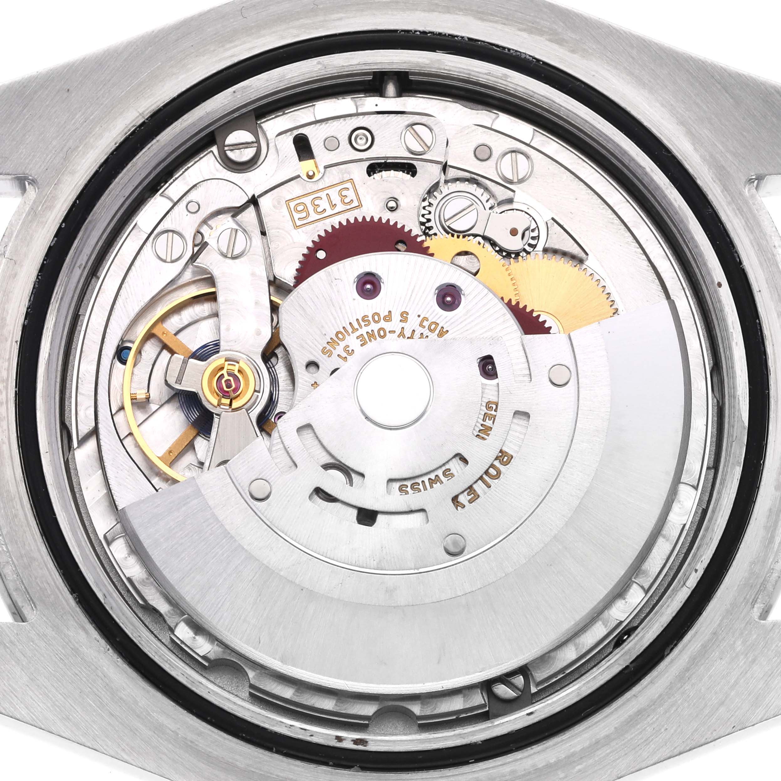 The image shows the inner movement mechanism of the Rolex Datejust 41 116300 Men
s Stainless Steel Blue Dial 116300 Men
s Stainless Steel Blue Dial, highlighting gears and rotors.