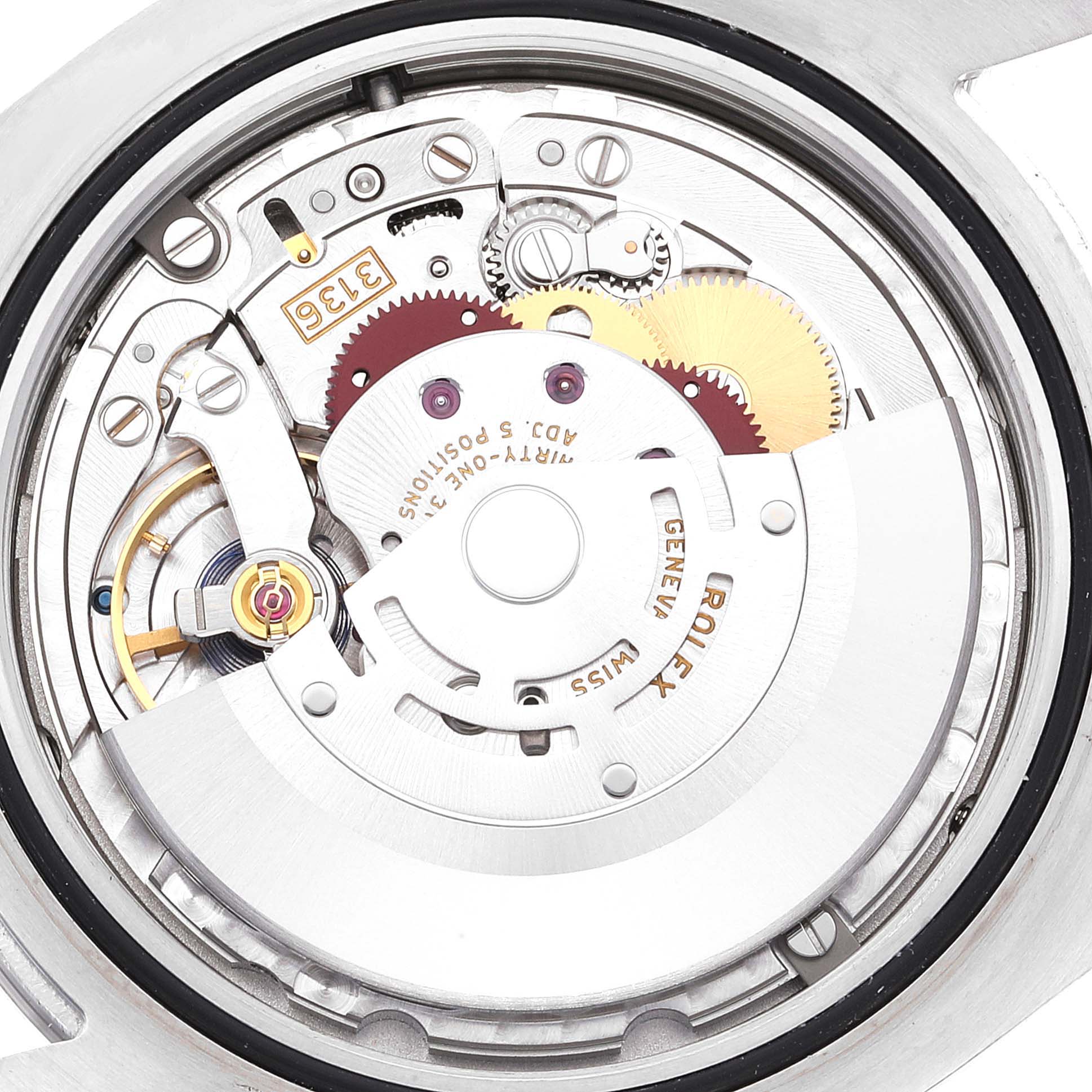 This image shows the inner mechanical movement of a Rolex Datejust 41 116334 Men's Stainless Steel Grey Dial 116334 Men's Stainless Steel Grey Dial watch from a top-down angle.