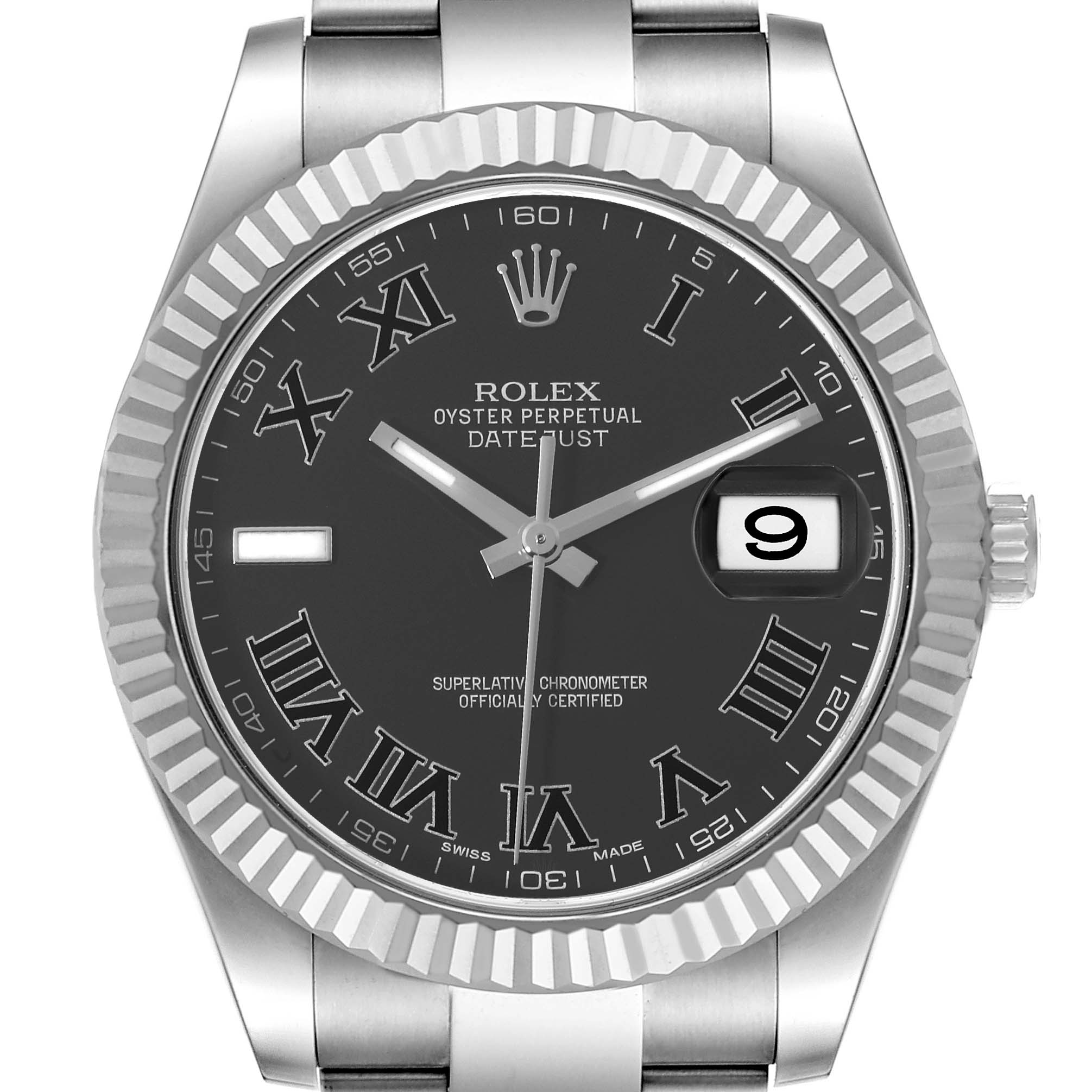 The image shows a front view of the Rolex Datejust 41 116334 Men's Stainless Steel Grey Dial 116334 Men's Stainless Steel Grey Dial watch, highlighting its dial, bezel, and bracelet.
