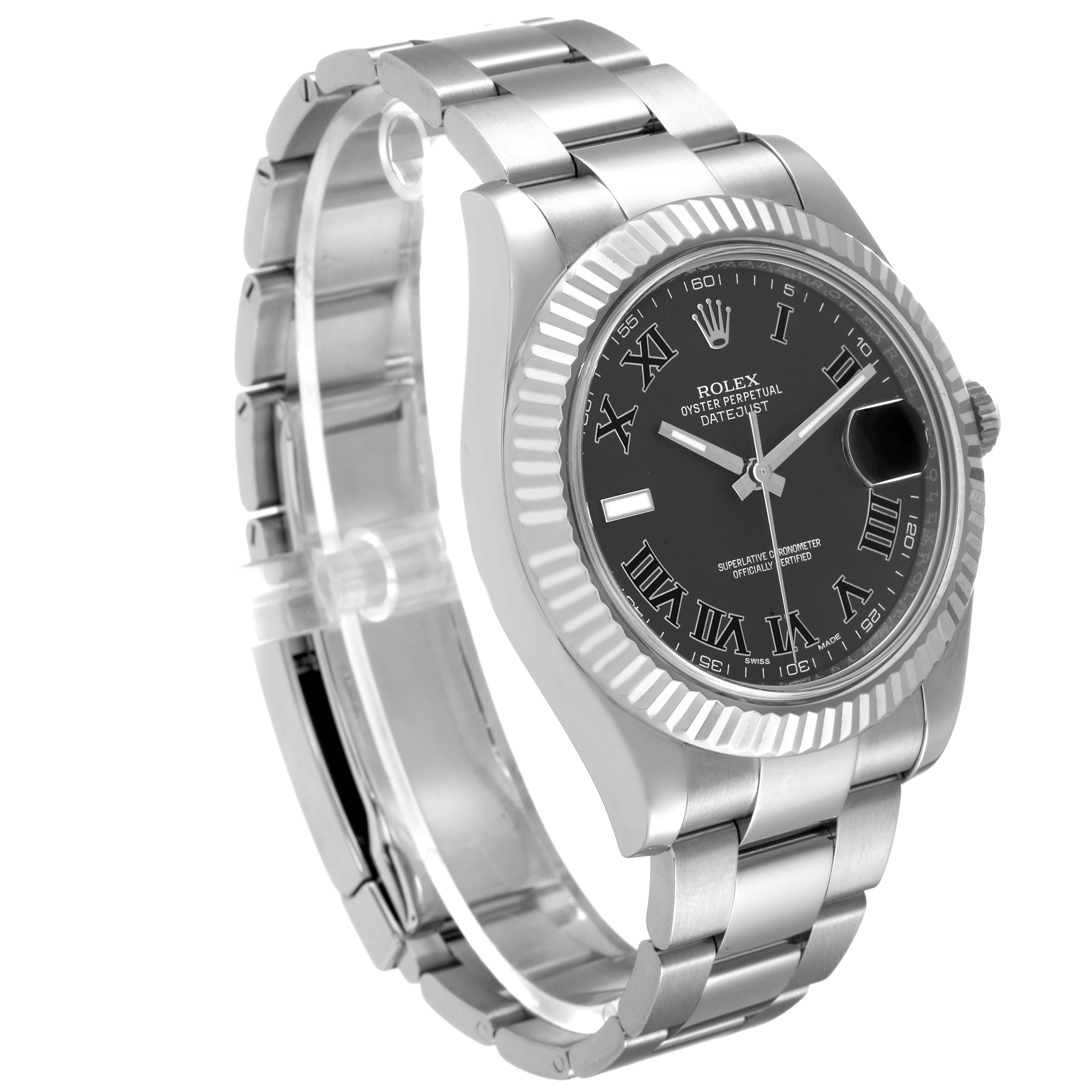 The image shows a side view of the Rolex Datejust 41 116334 Men's Stainless Steel Grey Dial 116334 Men's Stainless Steel Grey Dial, featuring its steel bracelet and fluted bezel.