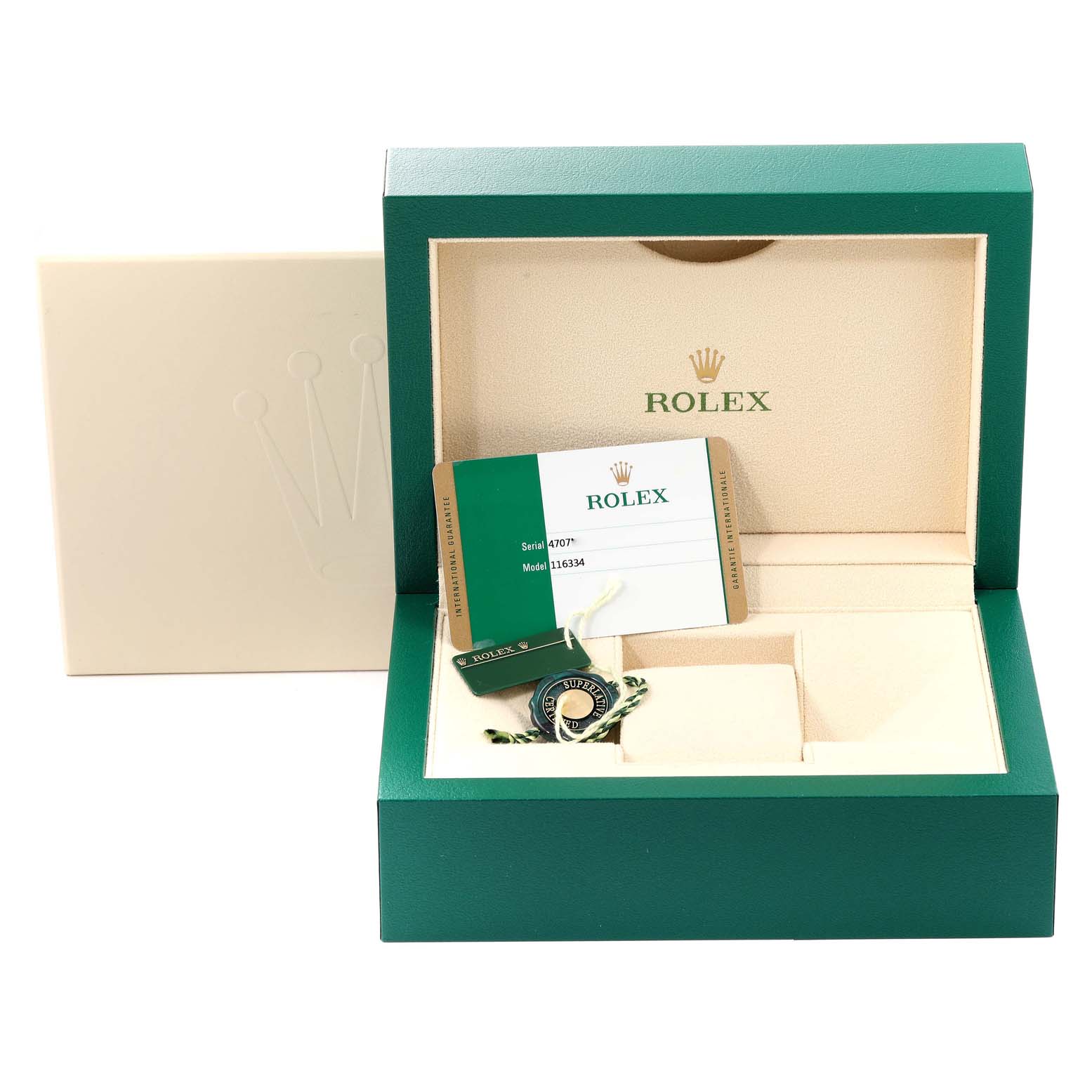 The image shows a Rolex Datejust 41 116334 Men's Stainless Steel Grey Dial 116334 Men's Stainless Steel Grey Dial watch box, warranty card, and tag, seen from the front angle.