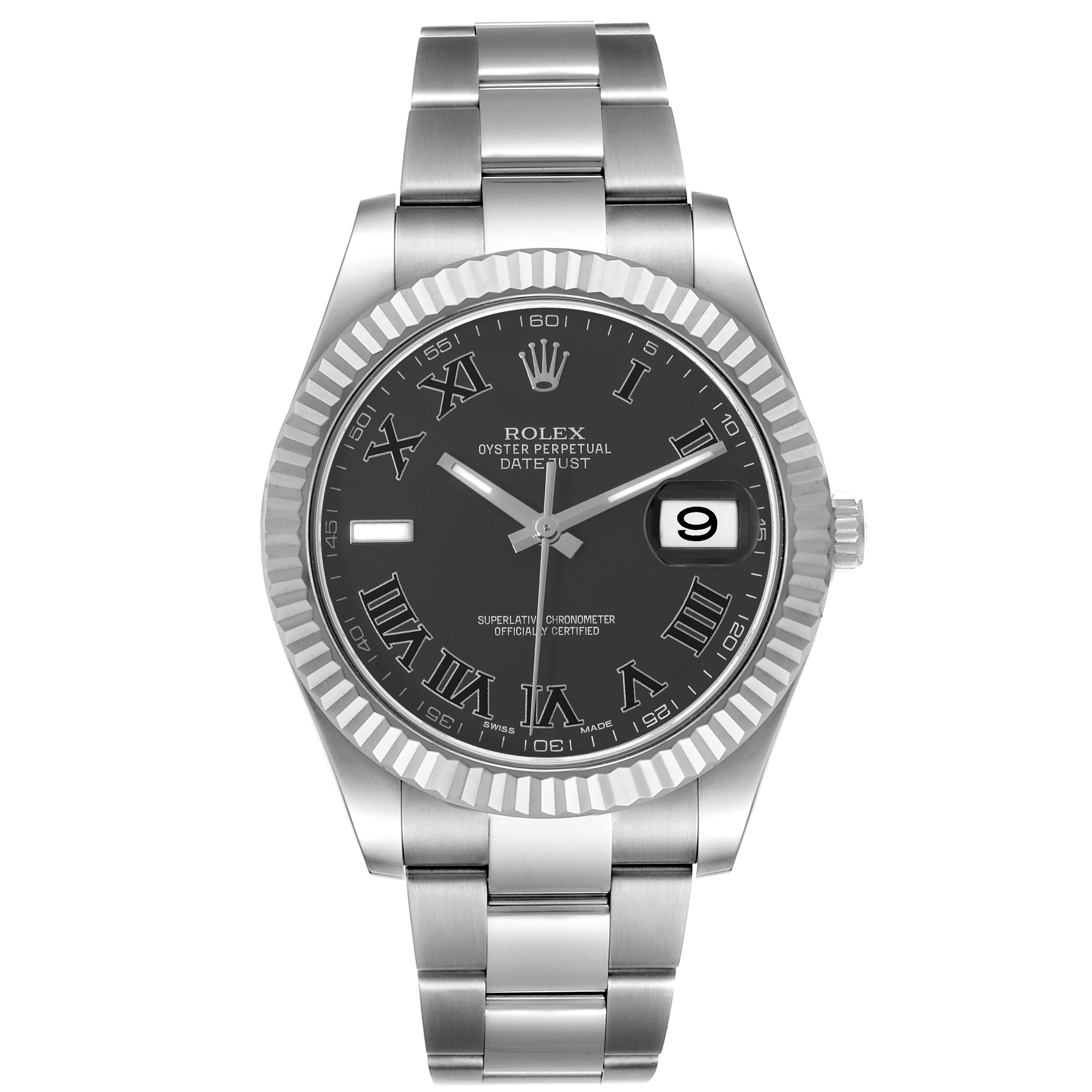 This image shows a frontal view of the Rolex Datejust 41 116334 Men's Stainless Steel Grey Dial 116334 Men's Stainless Steel Grey Dial watch, displaying the face, bezel, and bracelet.