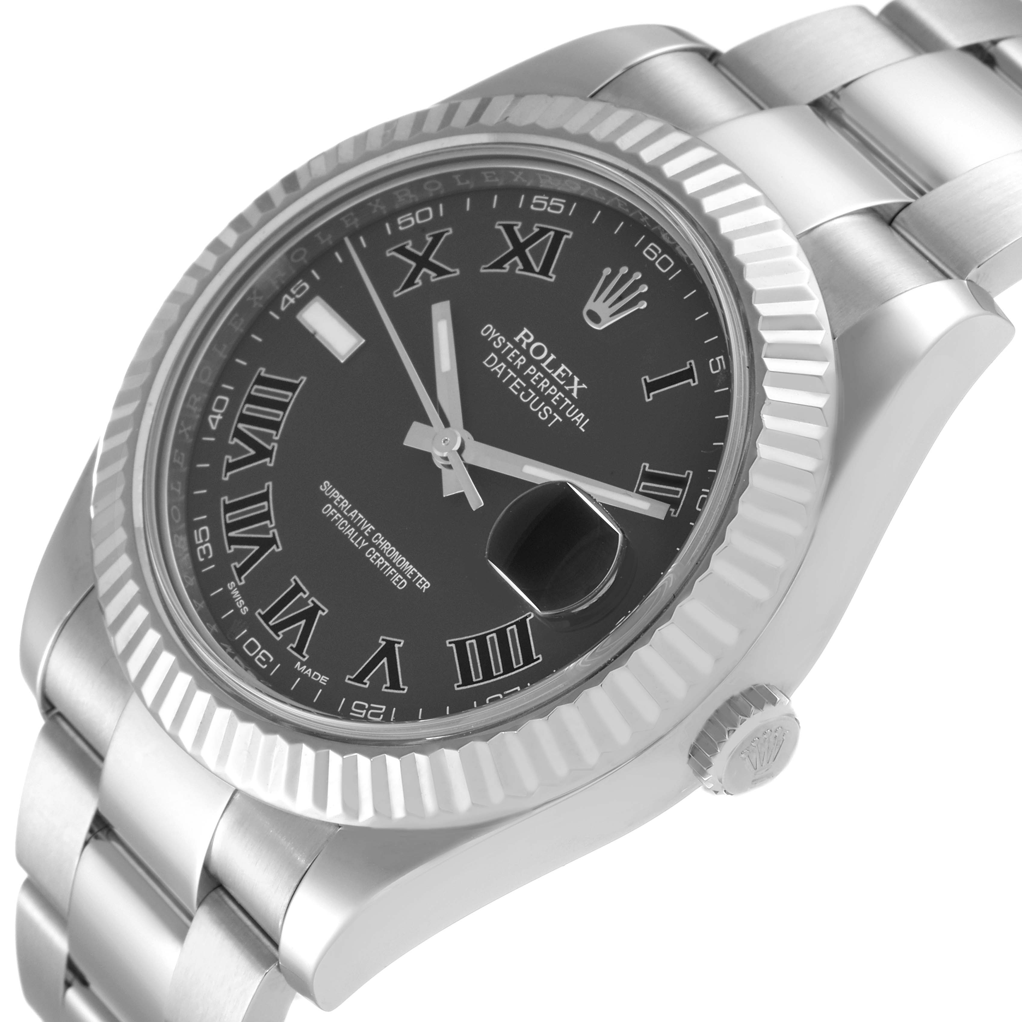 The image shows the face, bezel, and part of the bracelet of the Rolex Datejust 41 116334 Men's Stainless Steel Grey Dial 116334 Men's Stainless Steel Grey Dial watch at a slightly angled view.