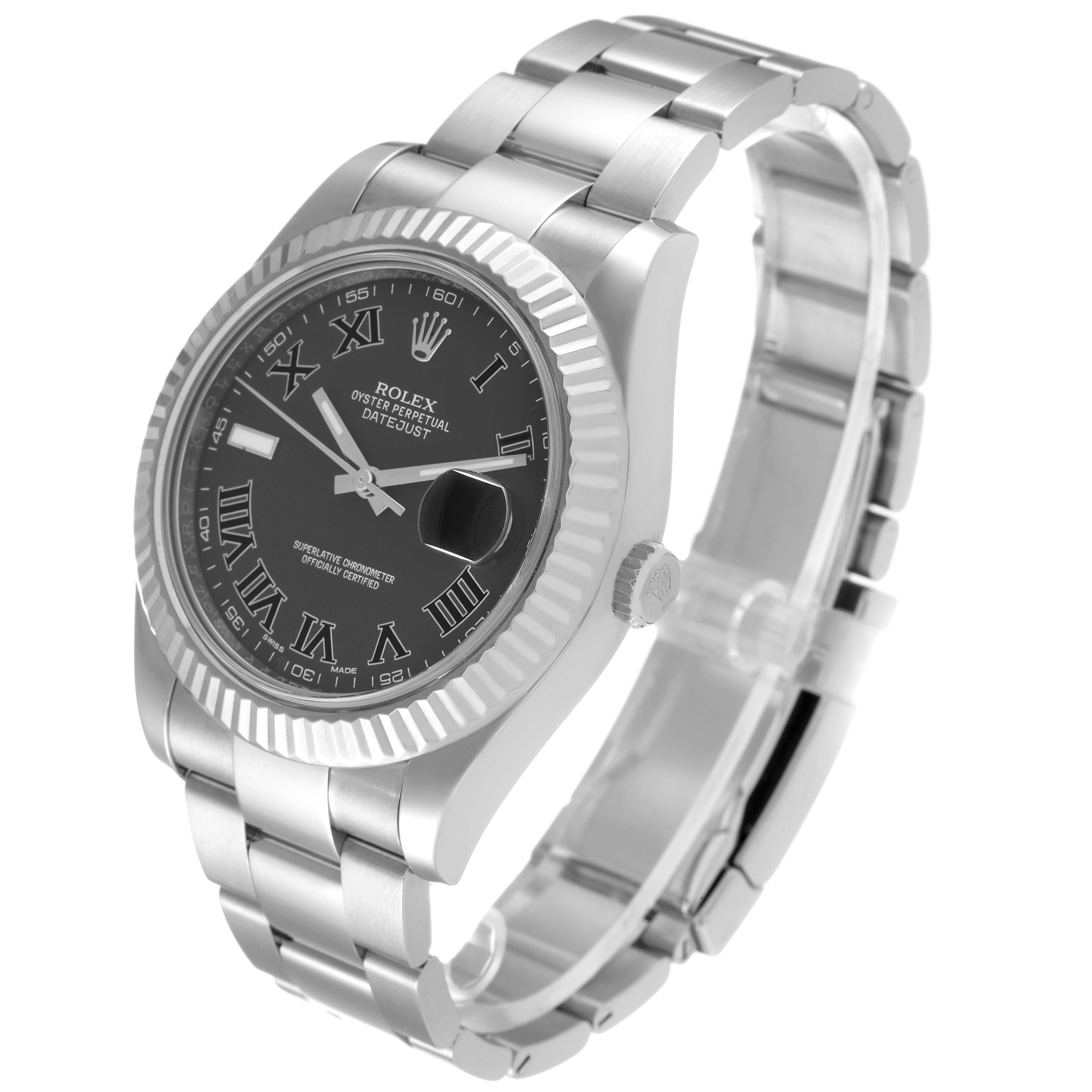 The Rolex Datejust 41 116334 Men's Stainless Steel Grey Dial 116334 Men's Stainless Steel Grey Dial watch is shown at a three-quarter angle, displaying the face, crown, and part of the bracelet.