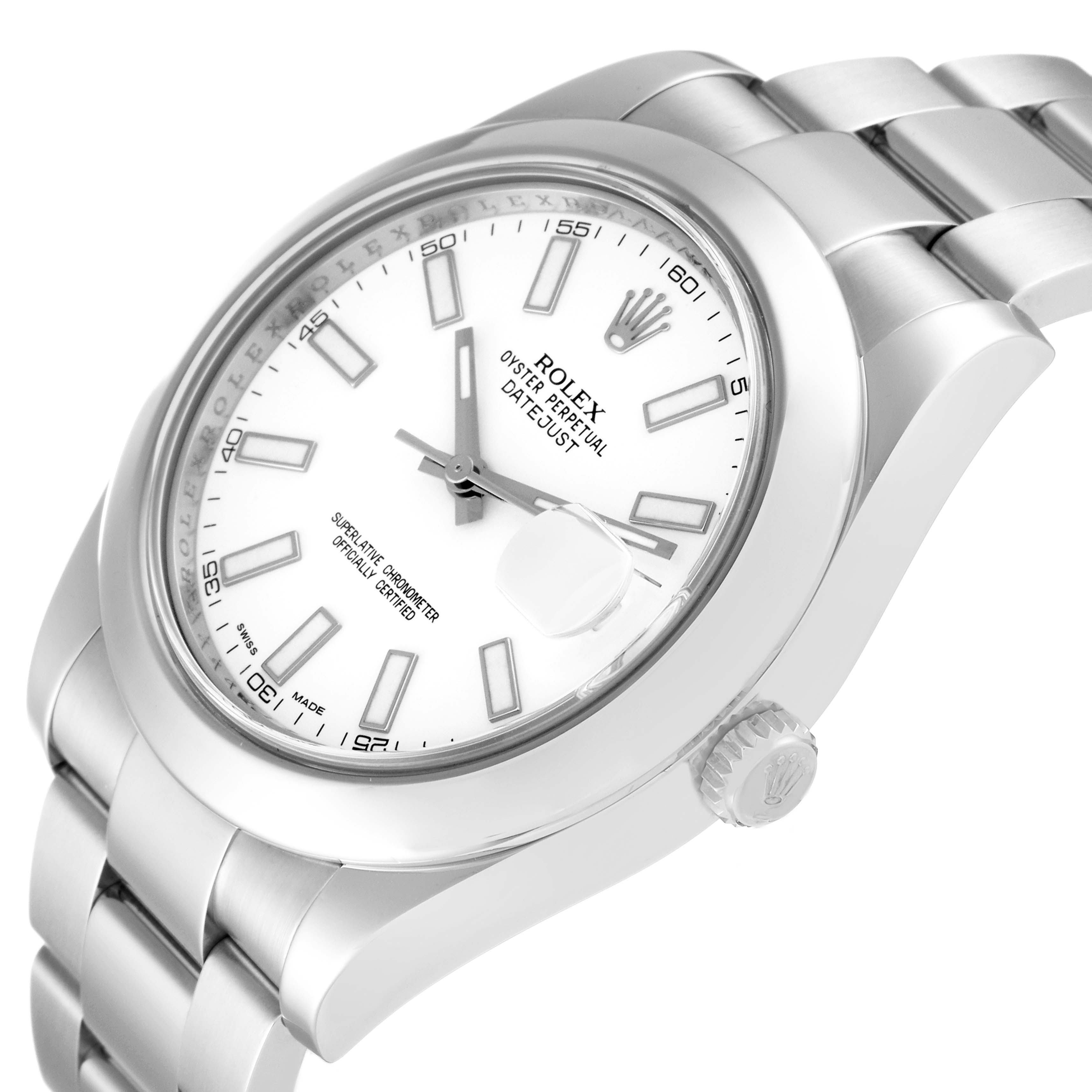 The image shows a Rolex Datejust 41 116300 Men's Stainless Steel White Dial 116300 Men's Stainless Steel White Dial watch from a top-side angle, highlighting the face, bezel, and part of the bracelet.