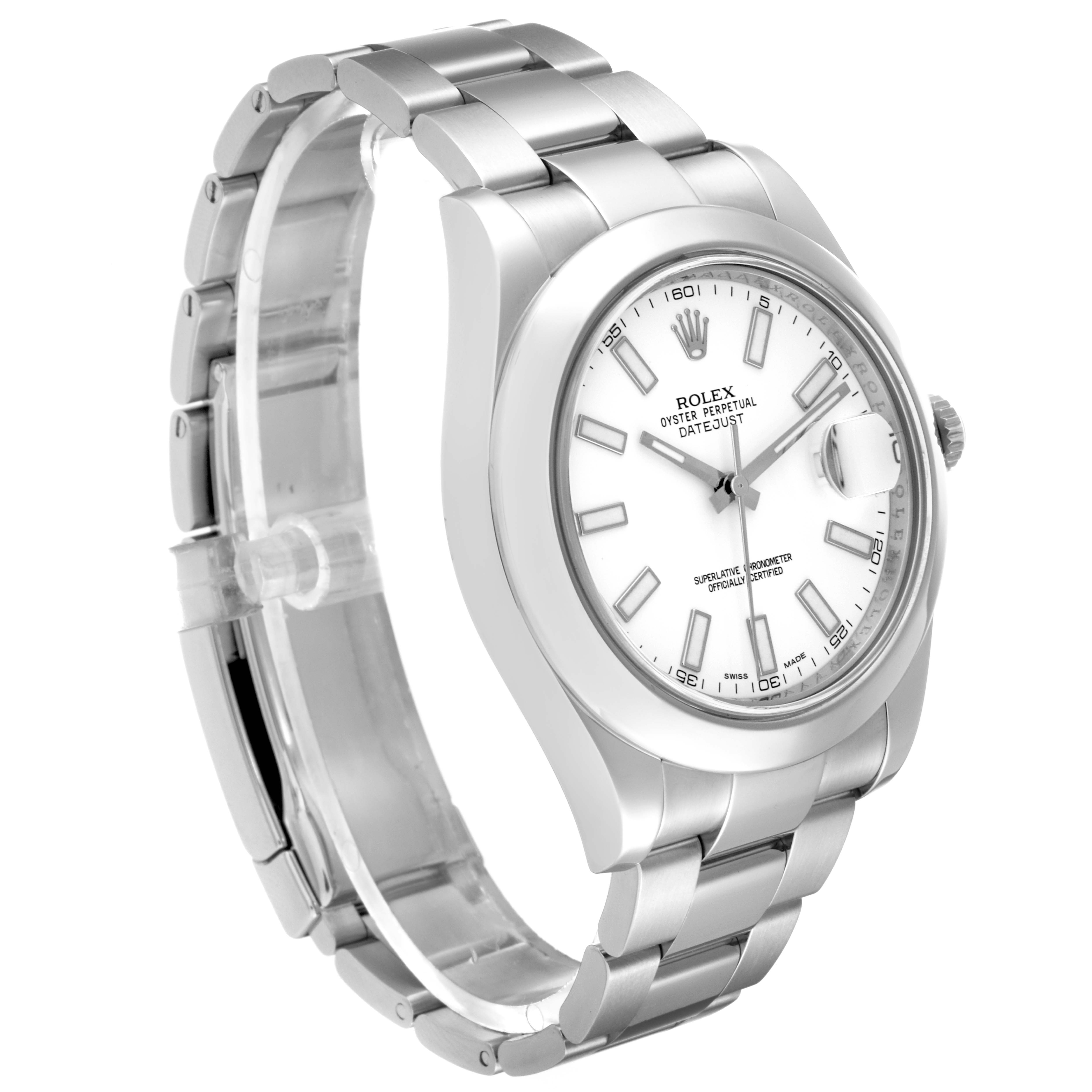 The image shows a side angle profile of the Rolex Datejust 41 116300 Men's Stainless Steel White Dial 116300 Men's Stainless Steel White Dial watch, highlighting its white dial, markers, case, and metal bracelet.